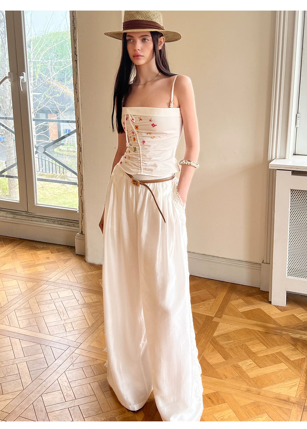 Summer Tencel Wide-Leg Pants with Lace Trim