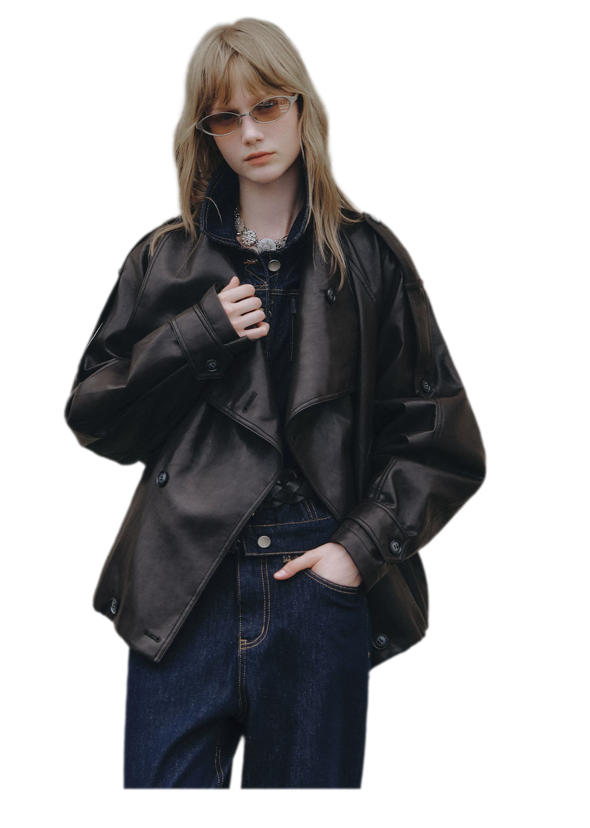 Faux-Leather Oversized Double-Breasted Jacket