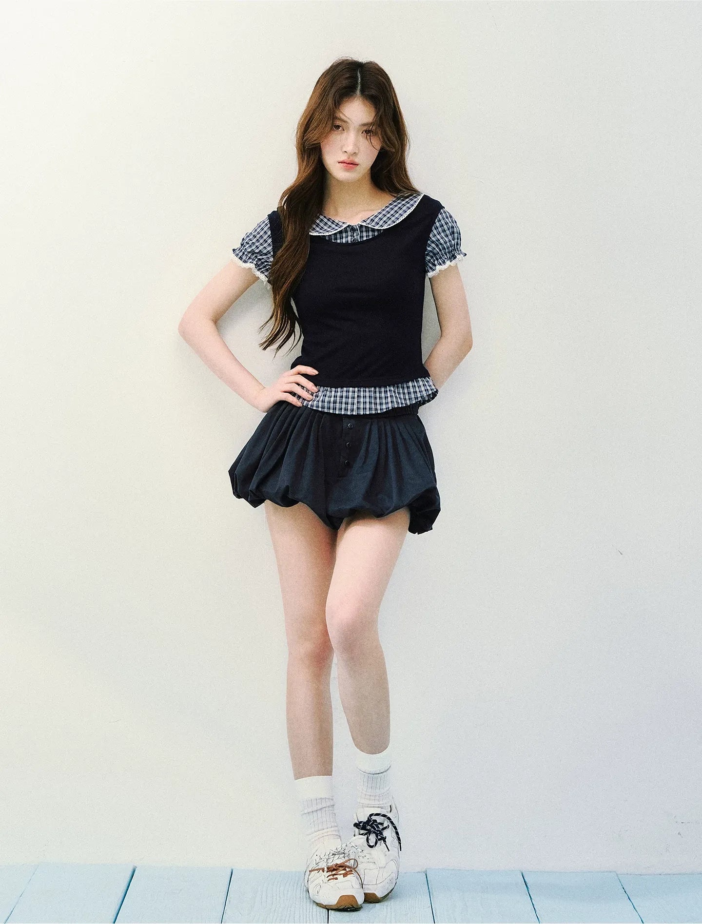 Navy Petal Pleated Skirt