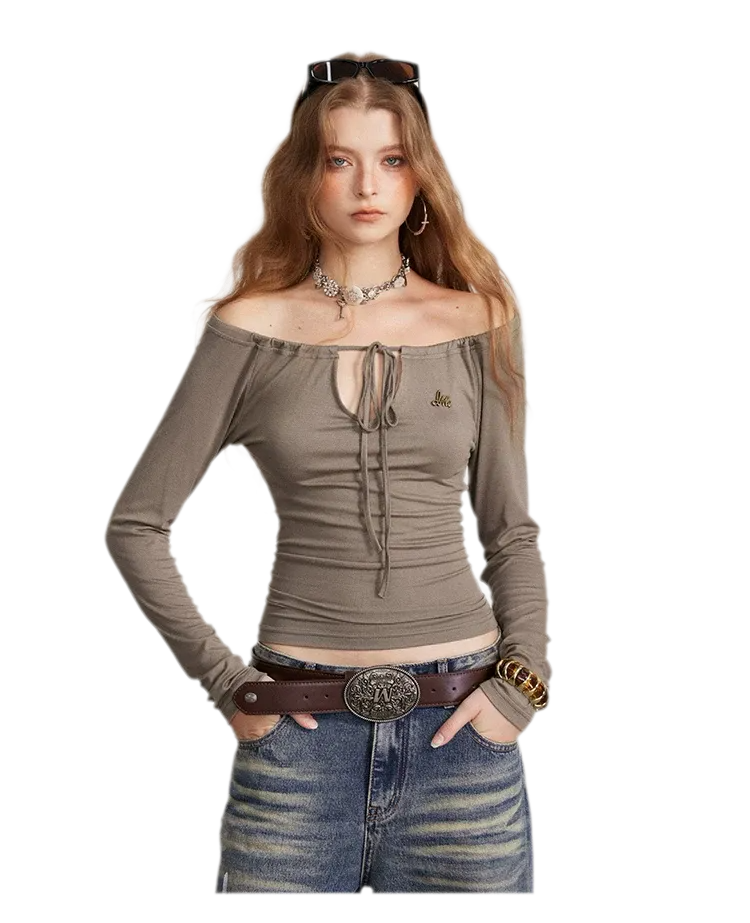 Drawstring Off-Shoulder Long-Sleeve Top