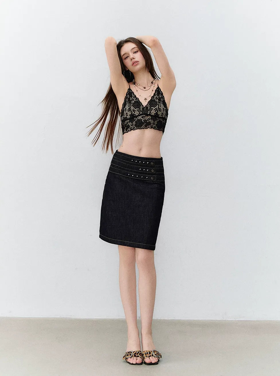 Retro Denim Blue Studded Straight Skirt