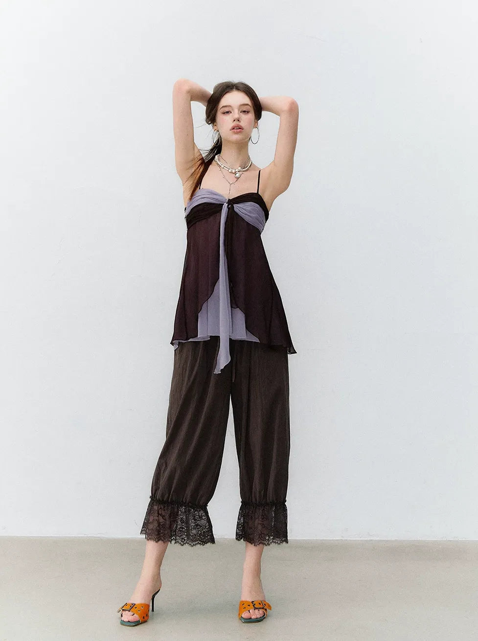Color Catcher Irregular Contrast Pleated Chiffon Camisole