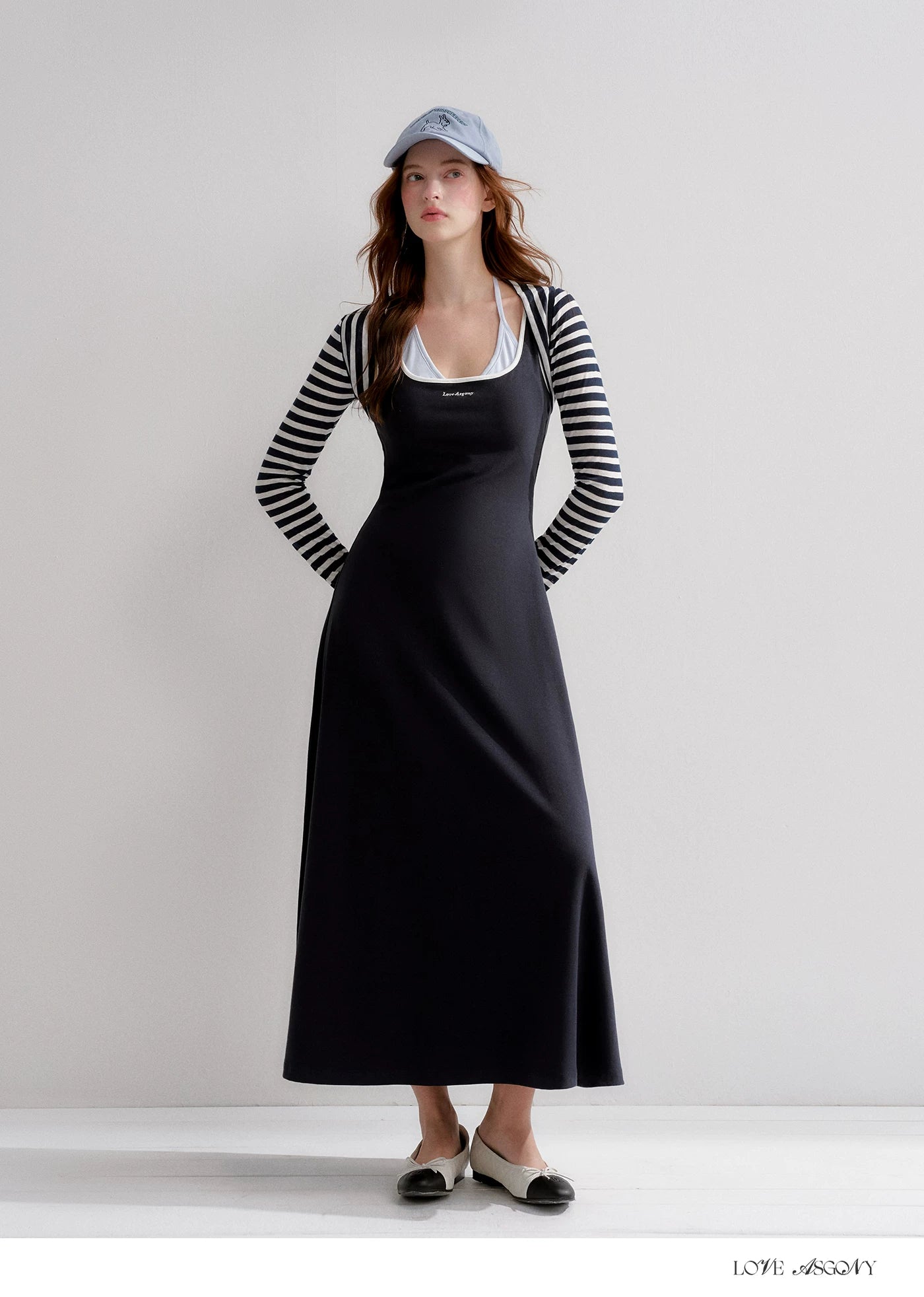 Contrast Color U-Neck Halter Knit Long Dress