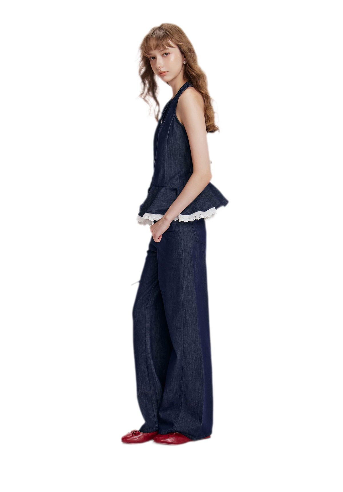 Lace Trim Peplum Denim Set