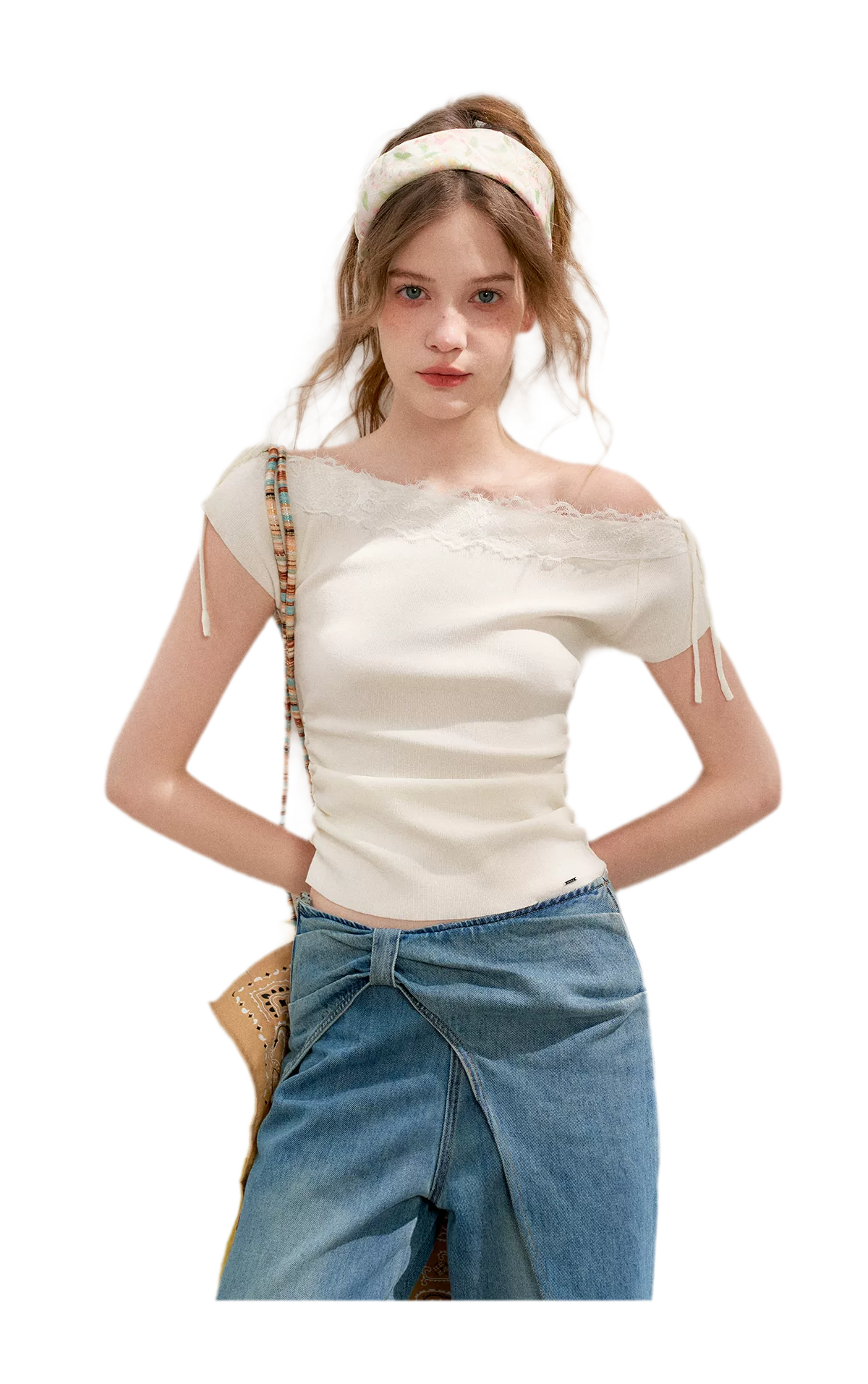 Lace Trim Off-Shoulder Knit Top & Denim Pants