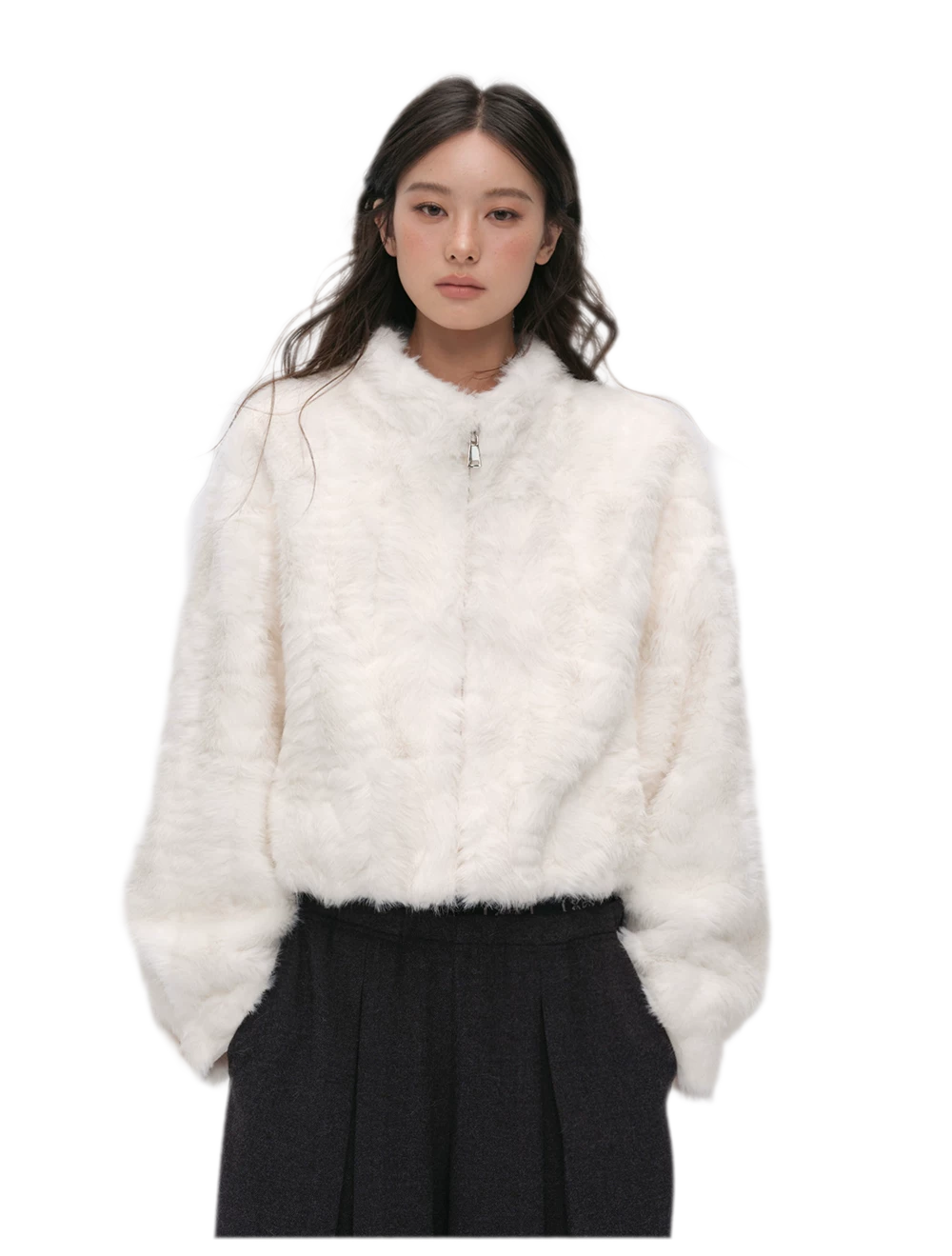 Embossed Cropped Faux Fur Jacket
