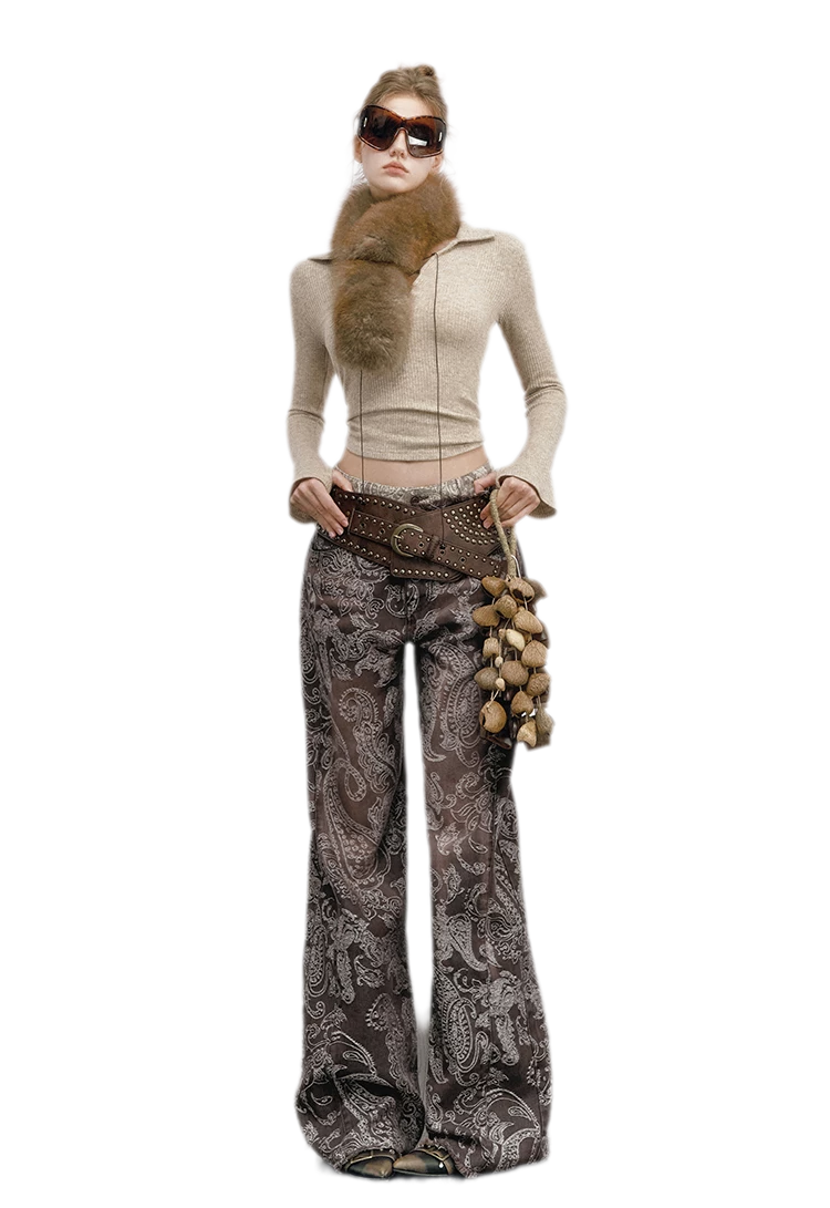 Paisley Double-Waist Frayed Jeans