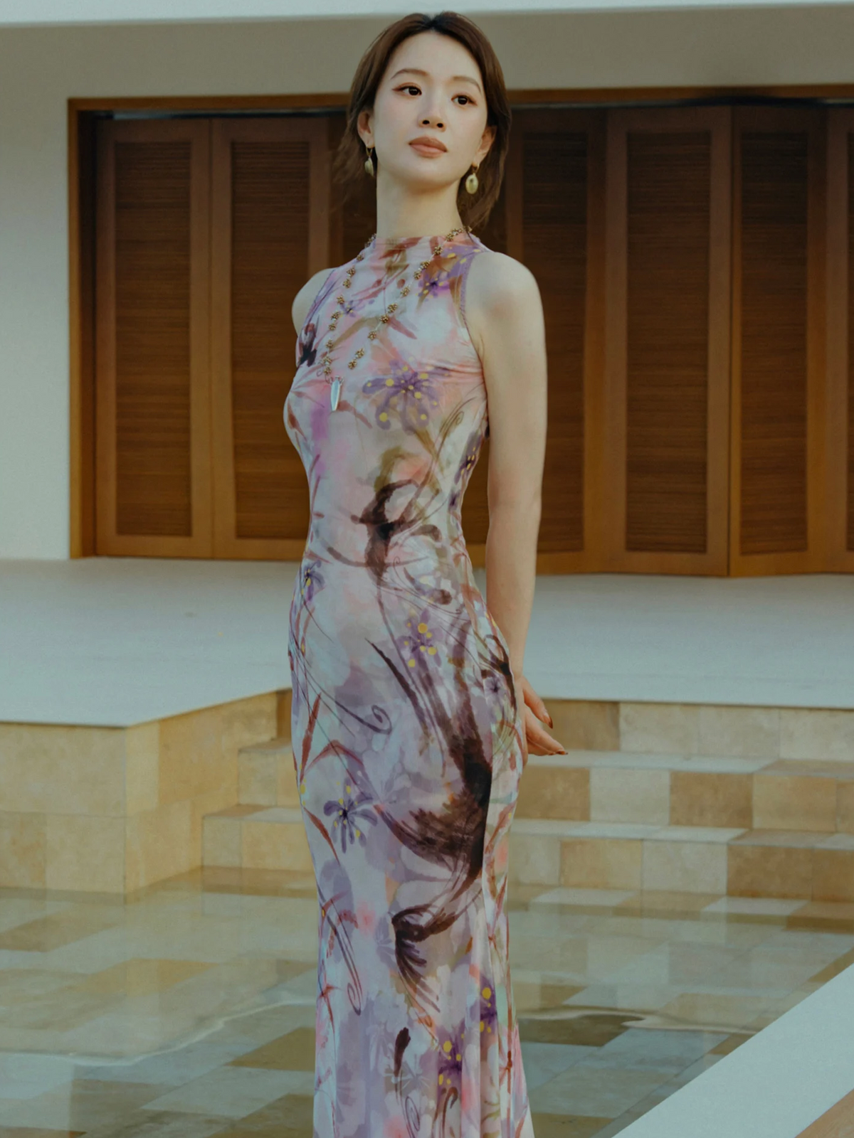 Printed Mock Neck Mermaid Dress