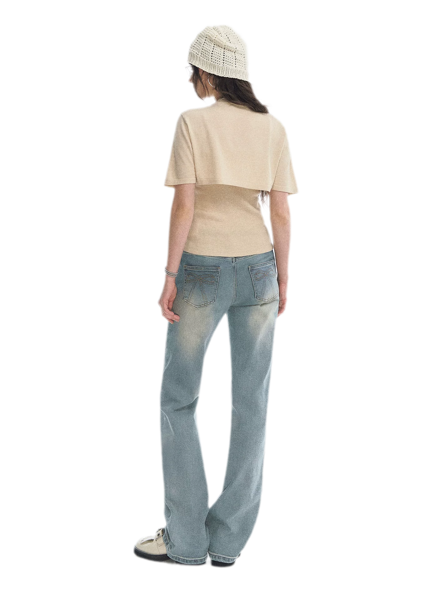Washed Bow Embroidery Jeans