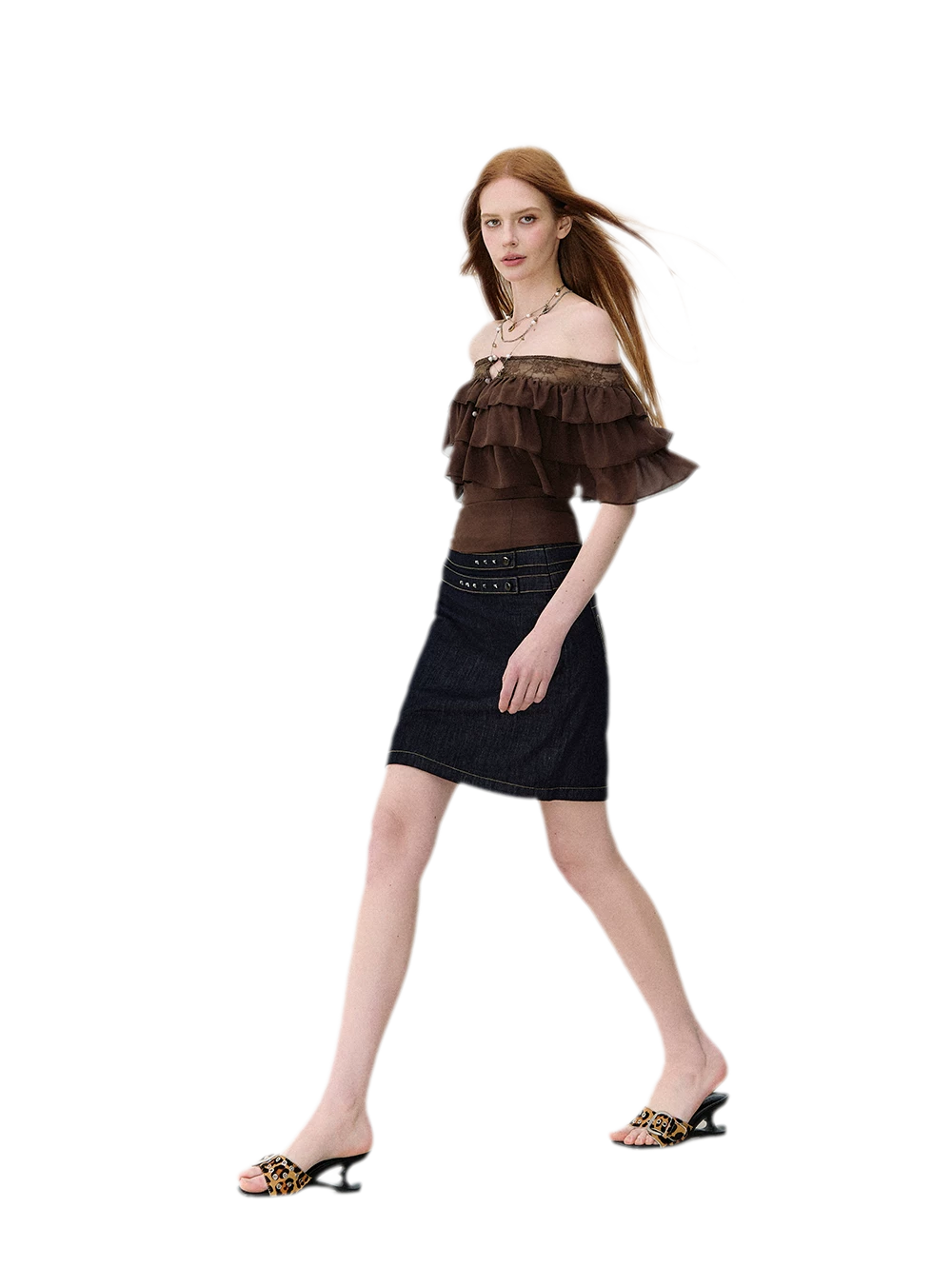 Layered Chiffon Lace Off-Shoulder T-Shirt
