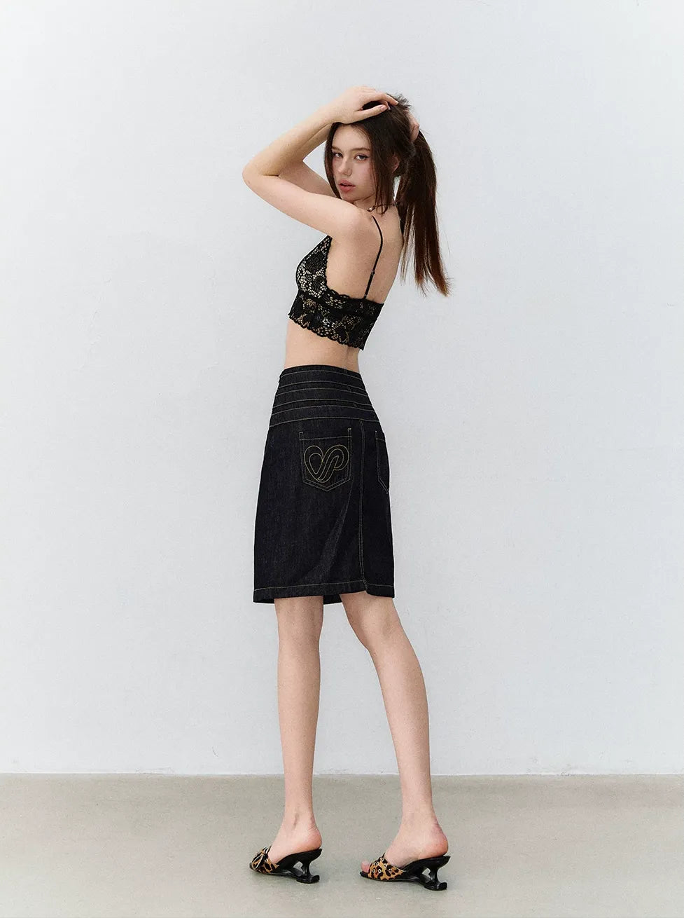 Retro Denim Blue Studded Straight Skirt