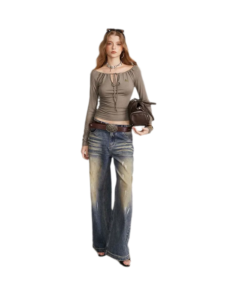 Drawstring Off-Shoulder Long-Sleeve Top