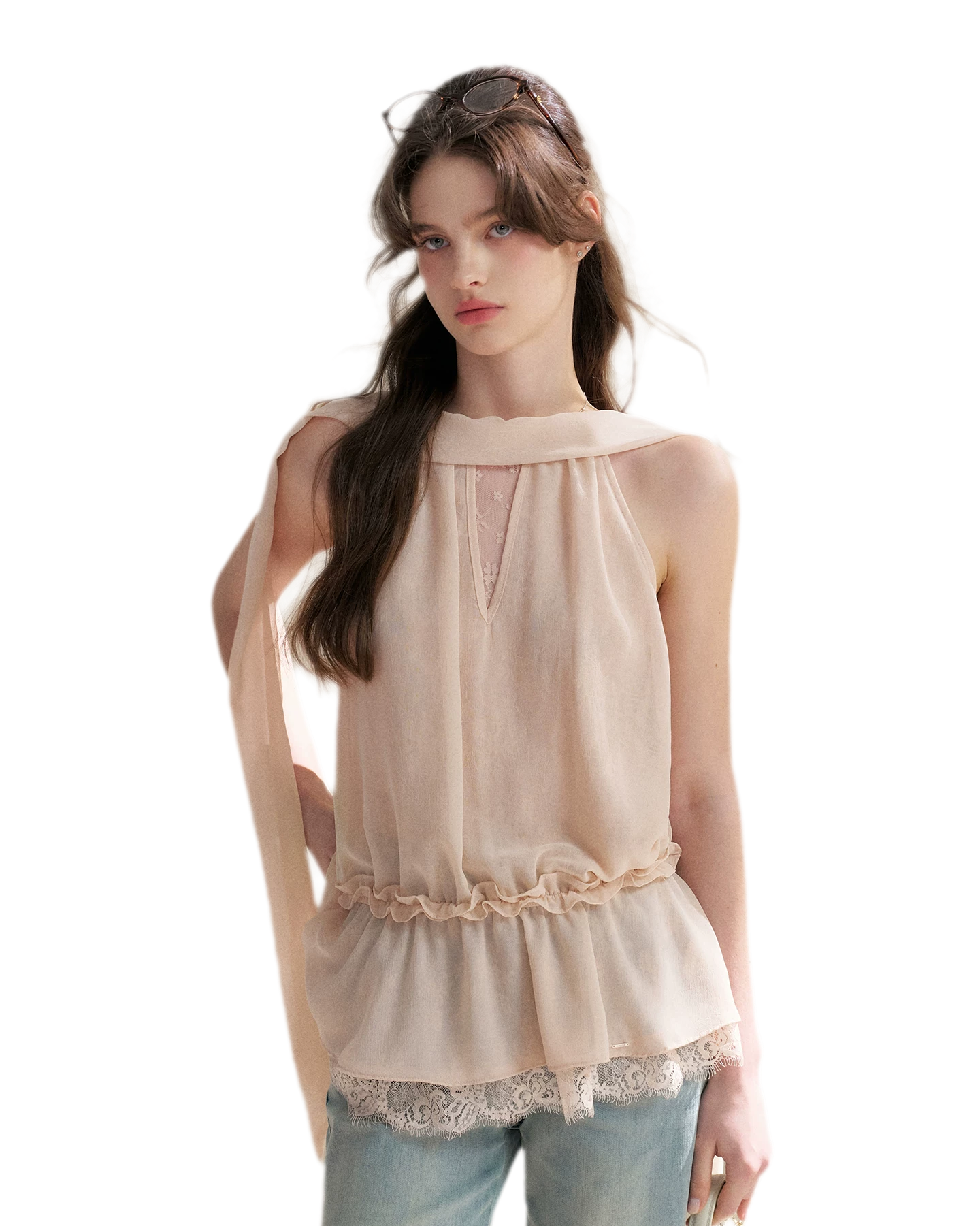 Chiffon Lace Halter V-Neck Blouse