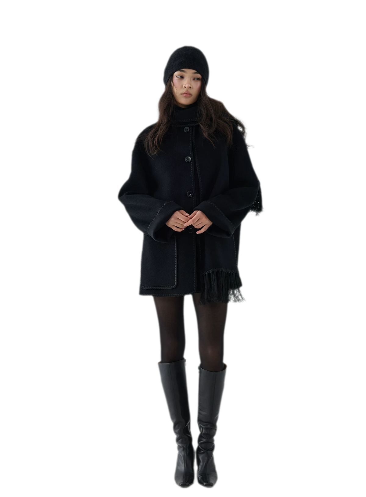 Double-Faced Wool Fringe Cape Coat