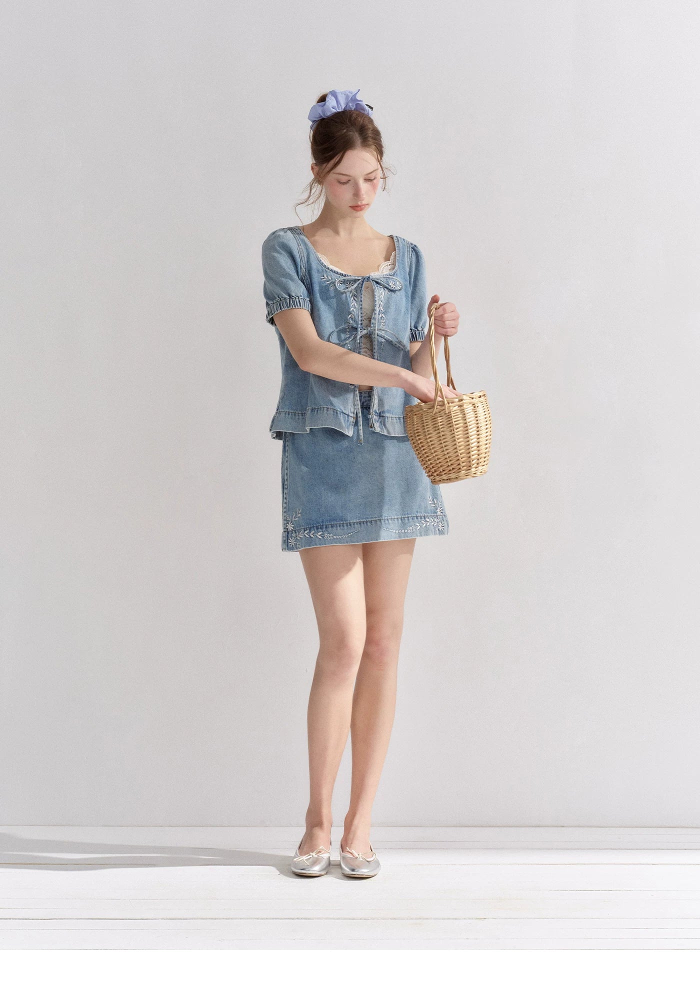 Floral Embroidered Tie Denim Top & Skort Set