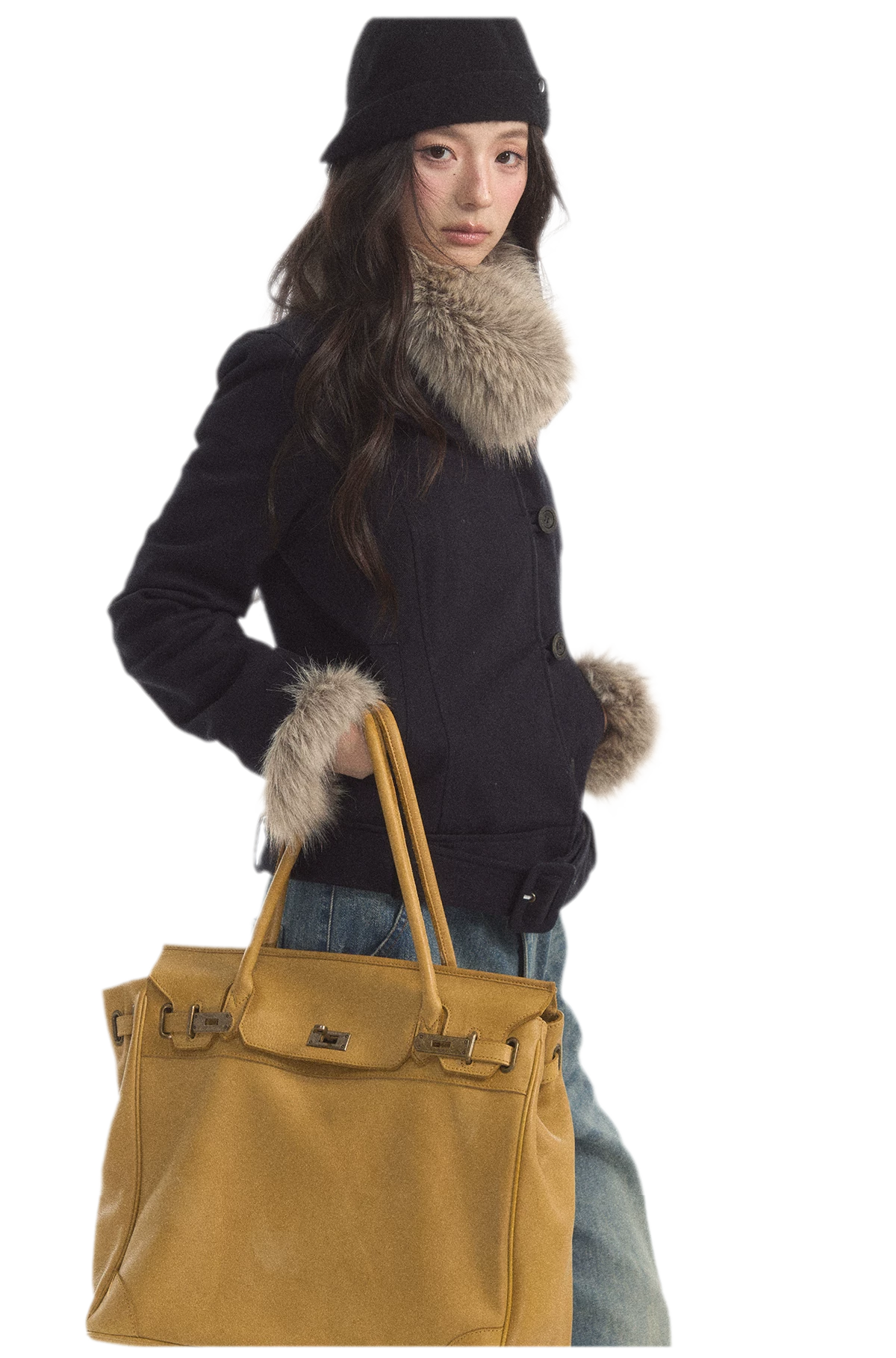 Detachable Fur Collar Twill Coat
