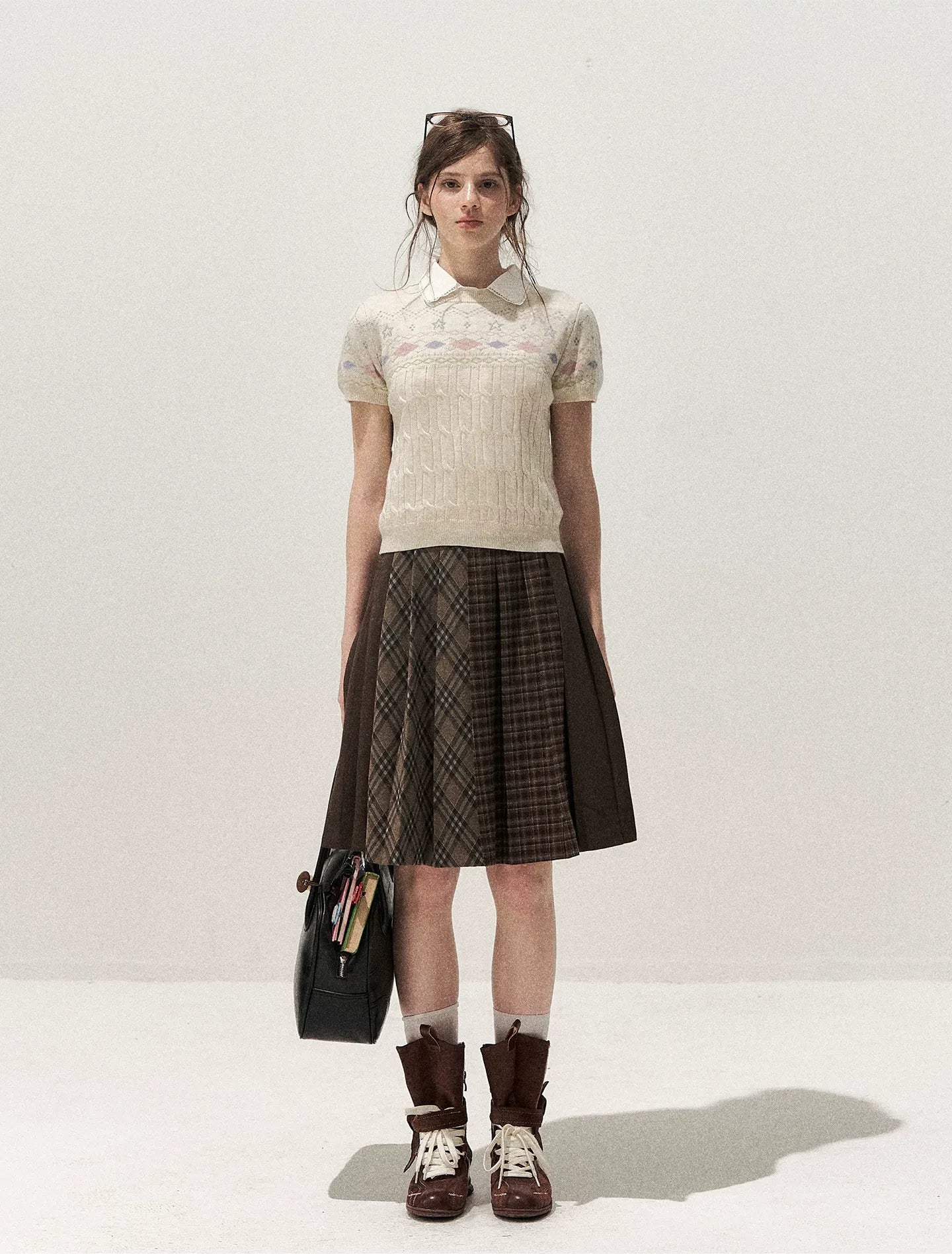 Patchwork Plaid Pleated A-Line Skirt
