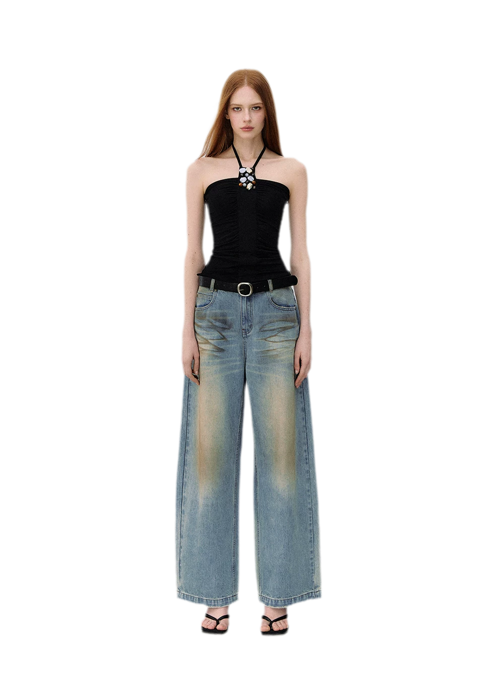 Denim Halter Top and Wide-Leg Jeans Set