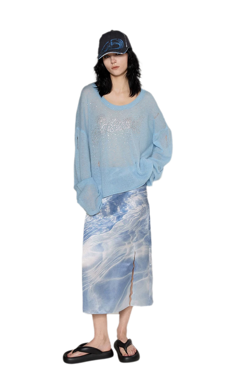 Pullover in mohair effetto consumato con strass