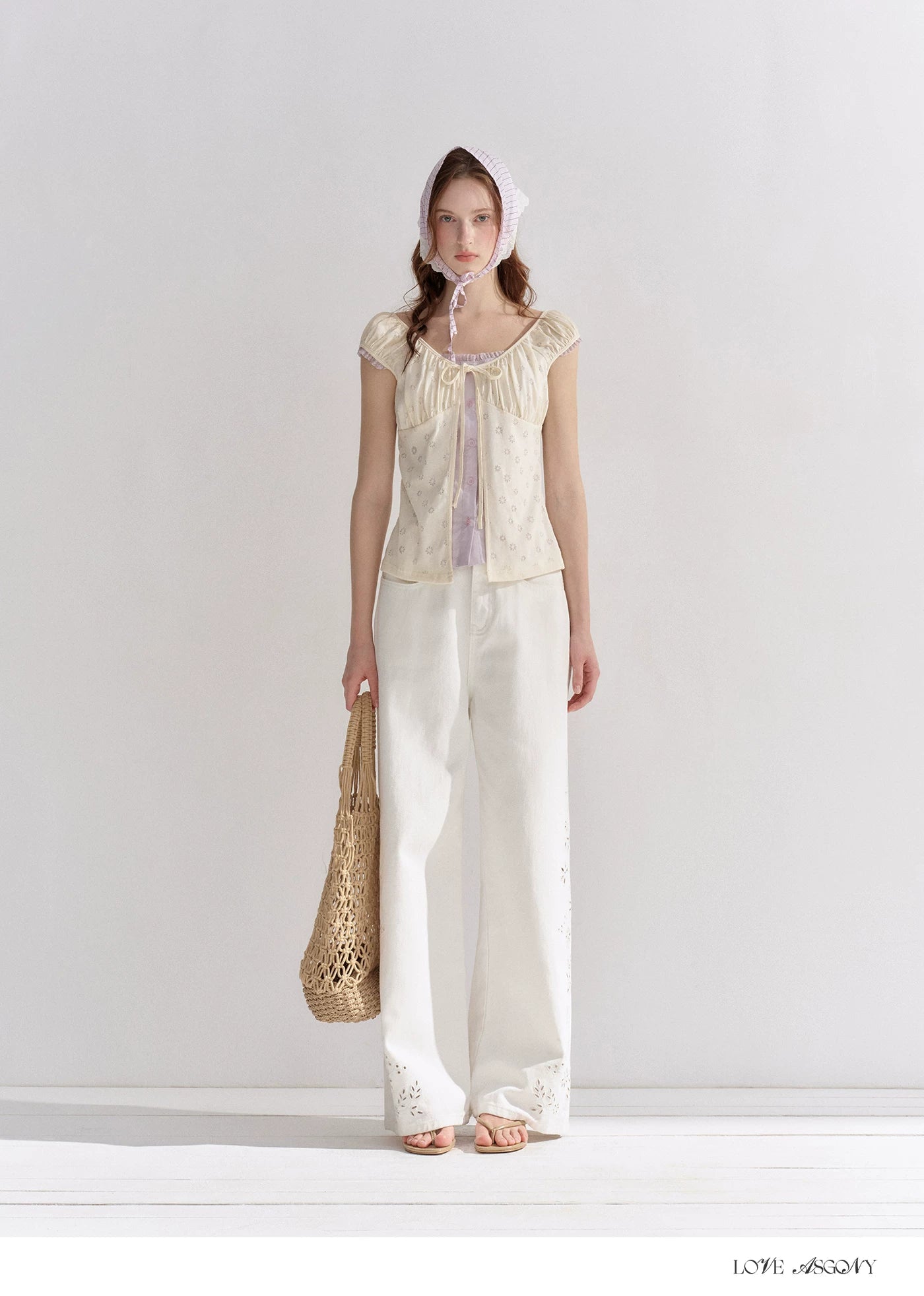 Two-Layer Floral Cutout Contrast Tie-Front Blouse