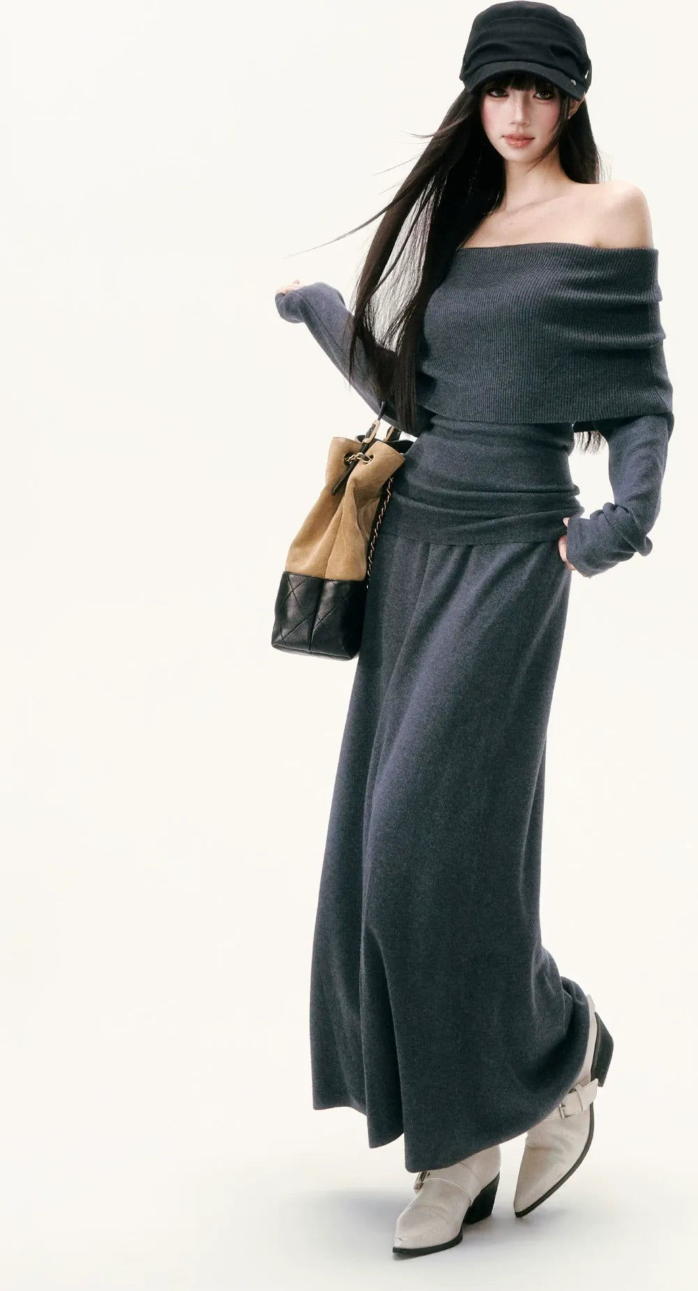 Wool Blend Off-Shoulder Skirt Set