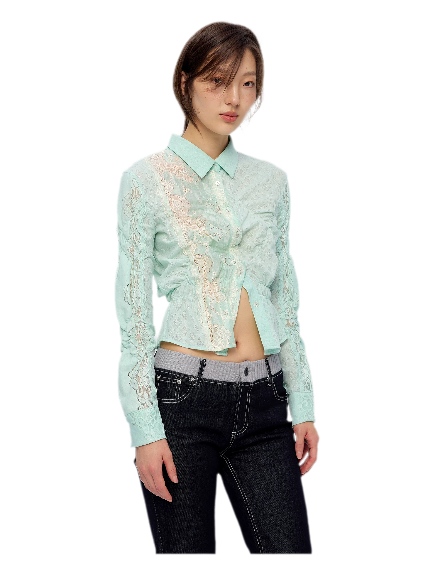 Lace Shirred Peplum Blouse