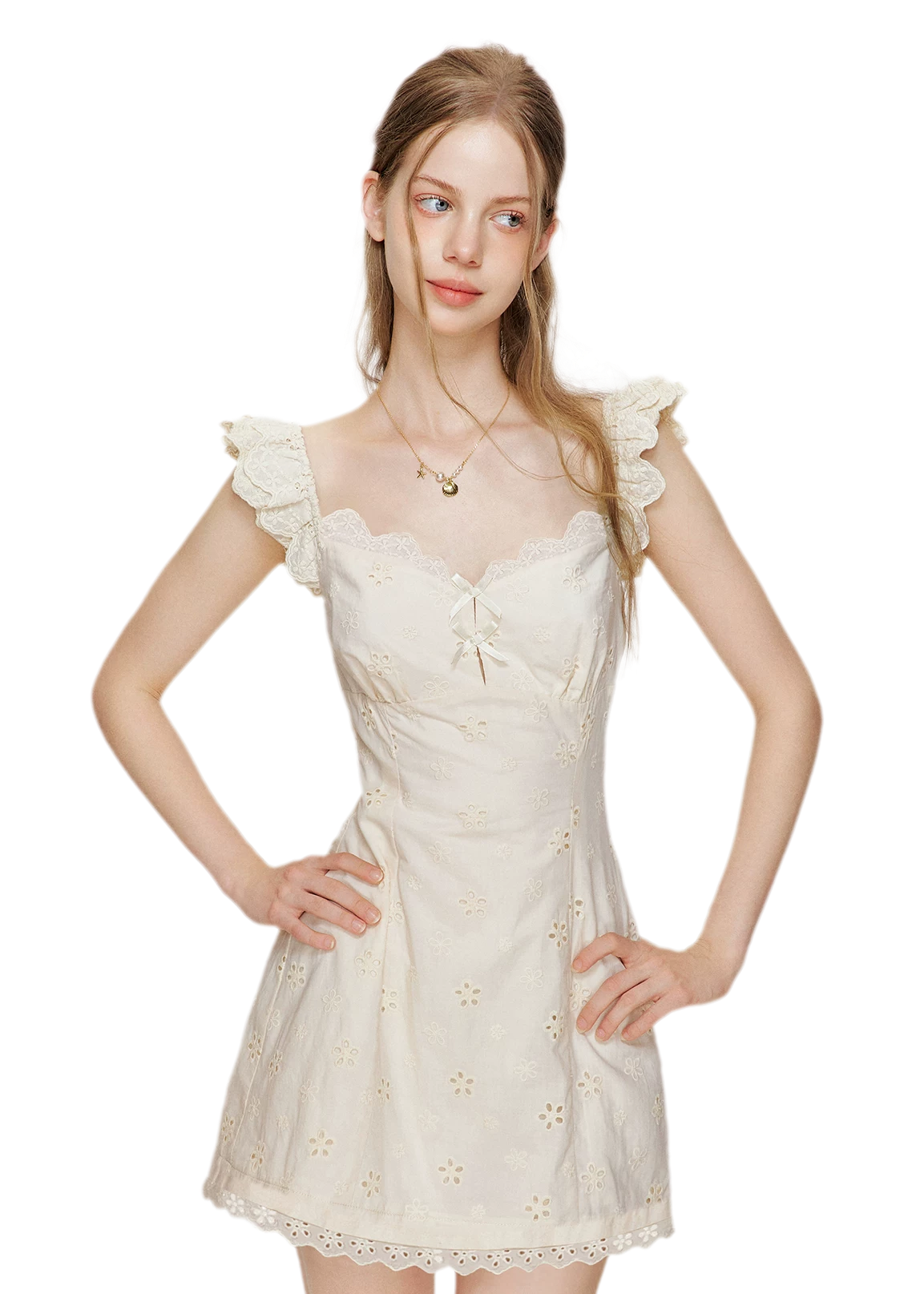 Embroidered Lace Flutter Sleeve Dress