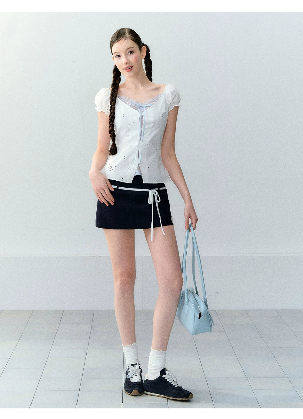 Sweet Elastic Puff Sleeve Lace Short Sleeve Top