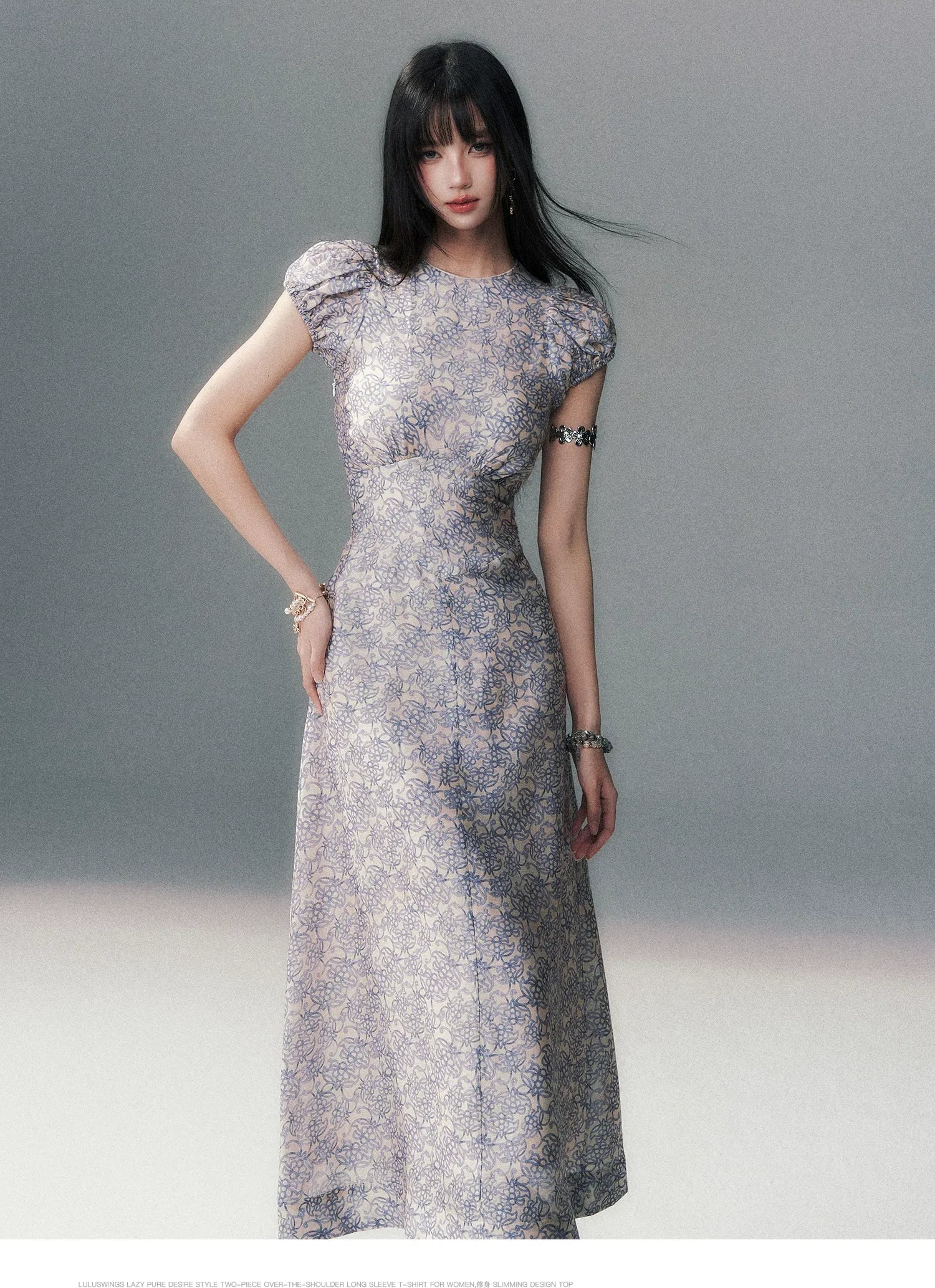 Fog Blue Floral Maxi Dress