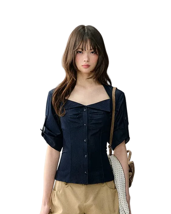 Korean Style Stretch Denim-Look Shirt