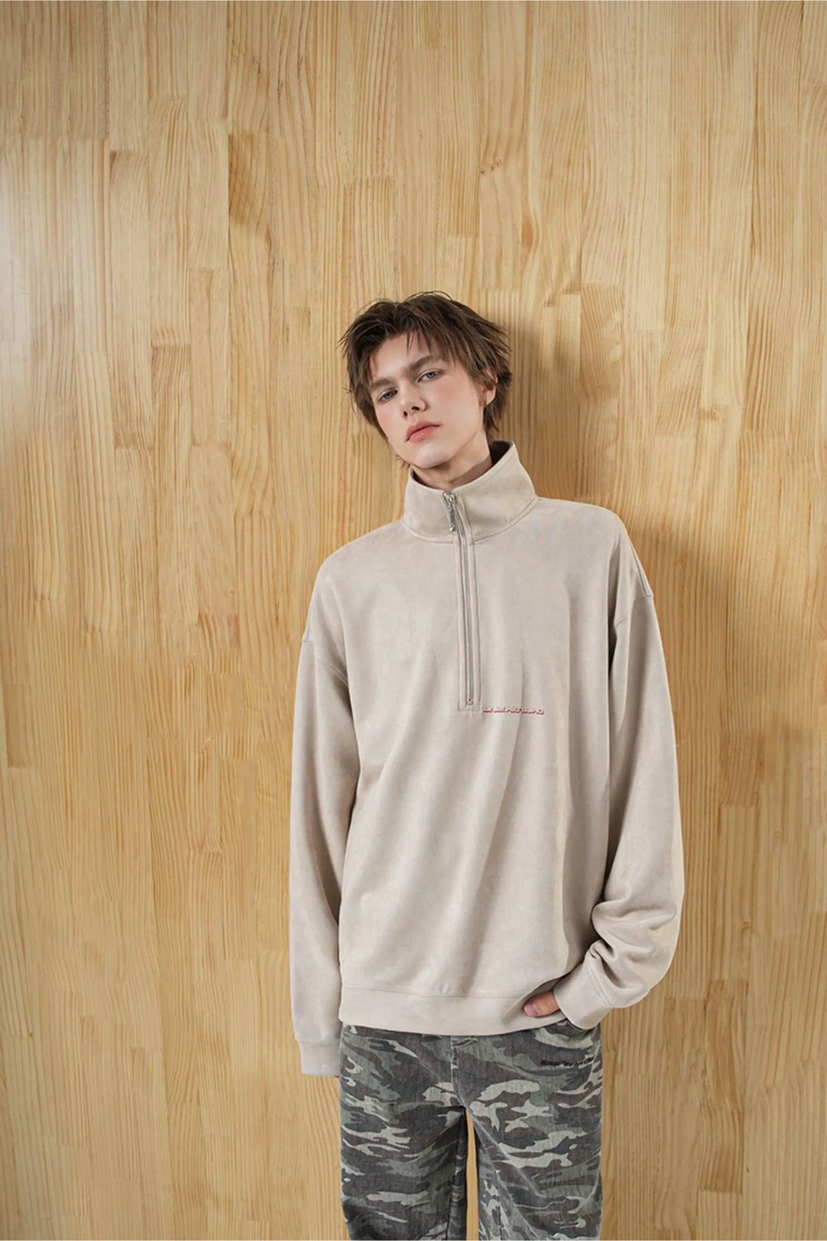 Faux Suede Oversize Polo Sweatshirt