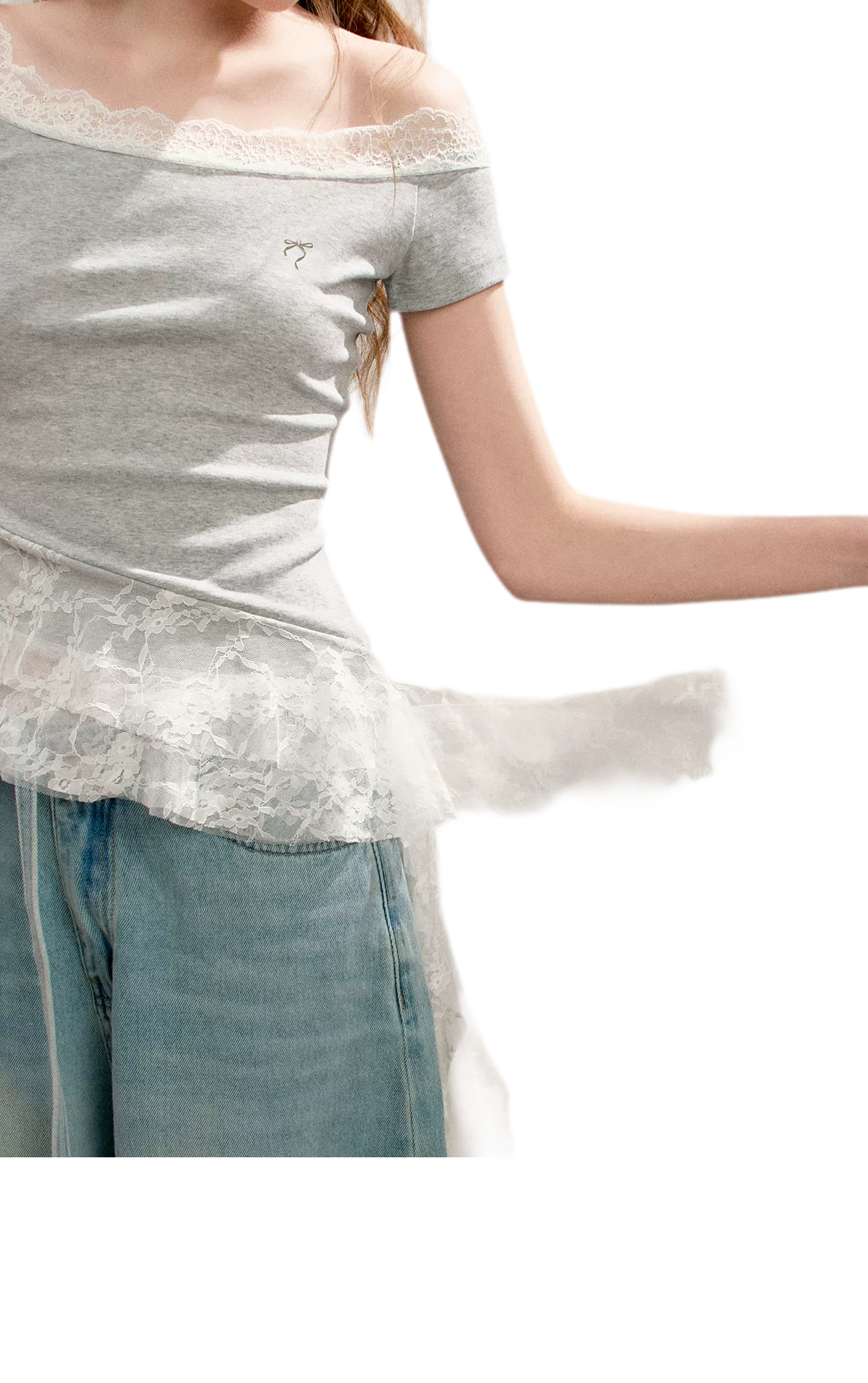 Asymmetric Lace Off-Shoulder T-Shirt