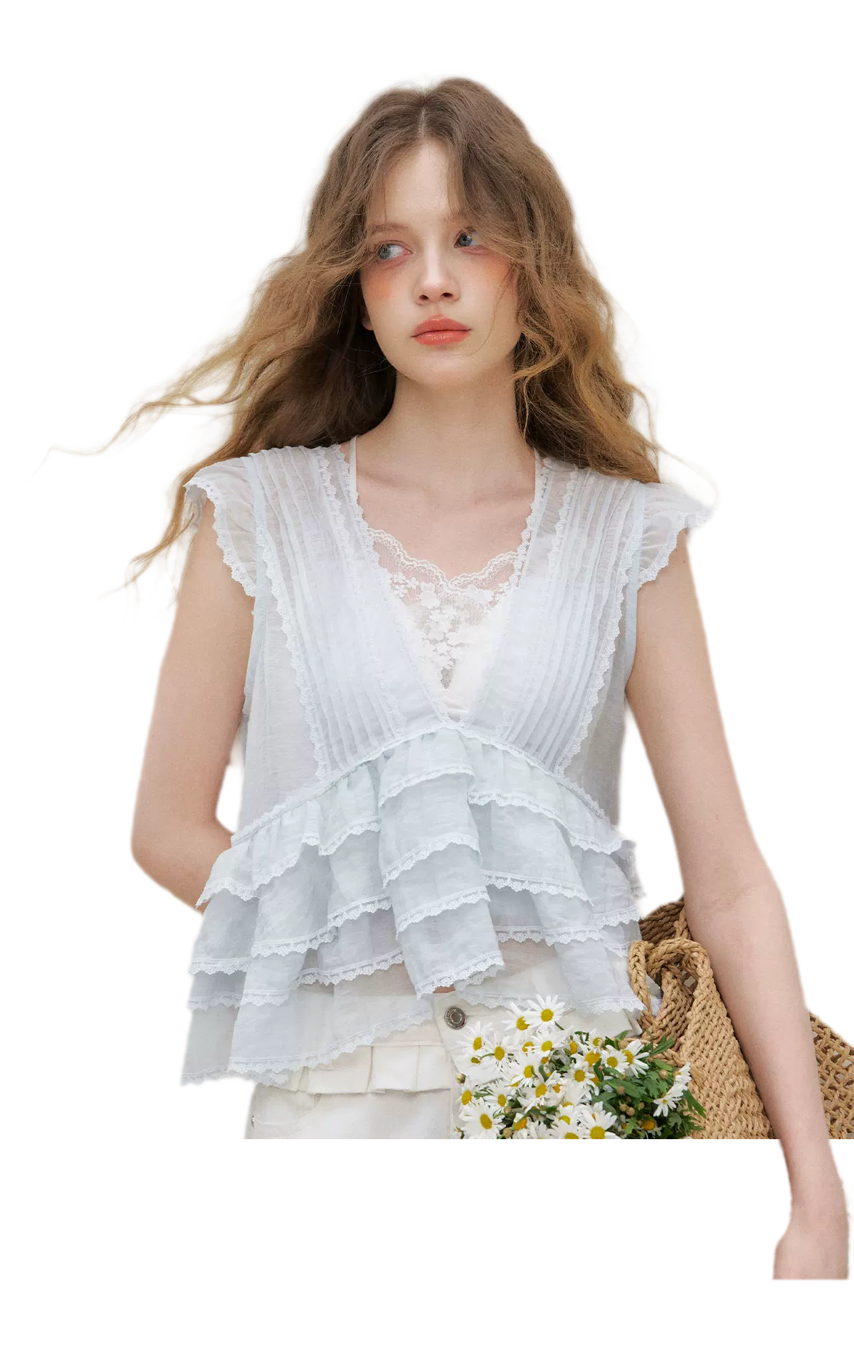 Organza Lace Ruffle Sleeveless Top