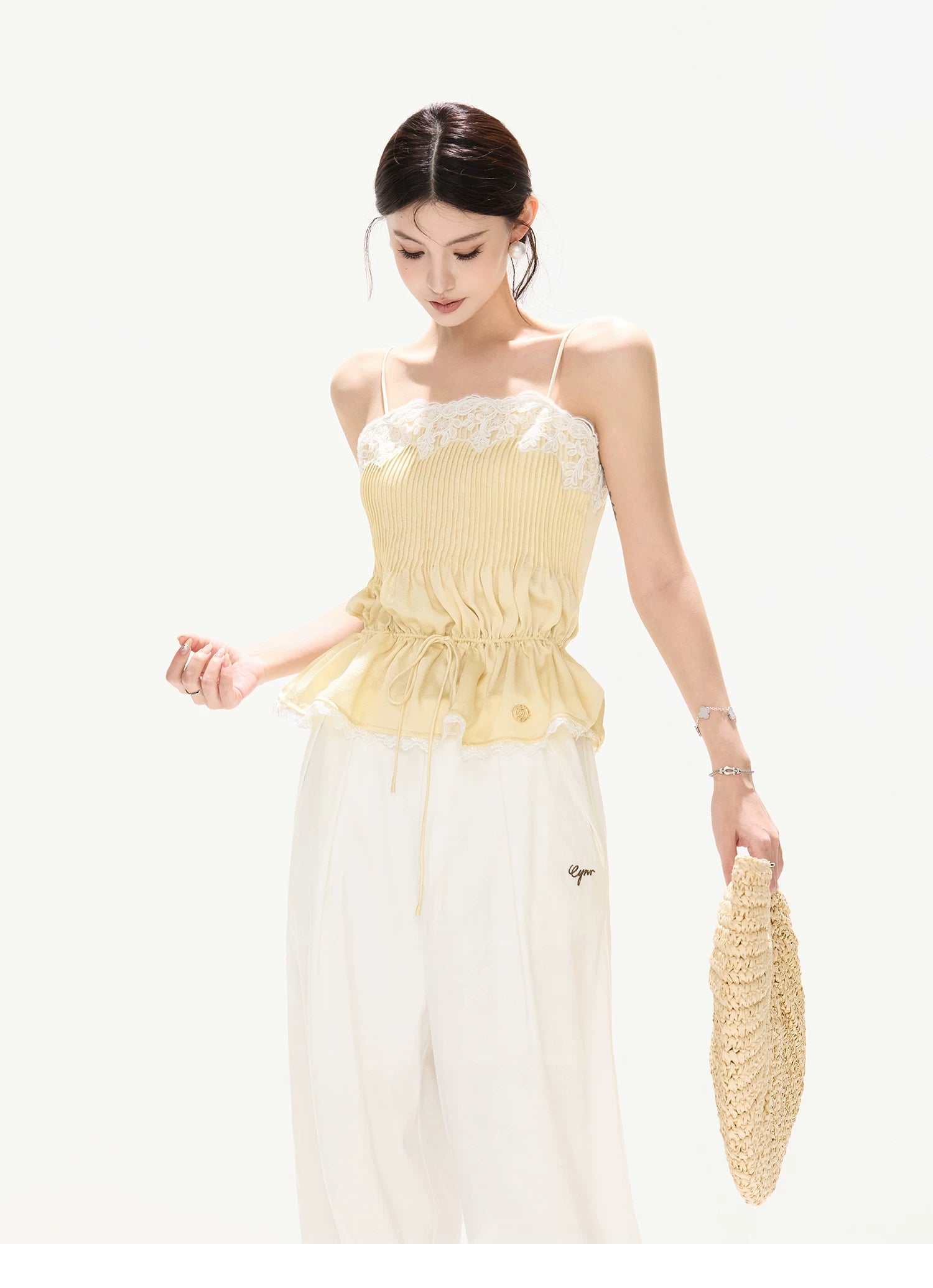 South France Holiday Lace Trim Waist-Cinched Camisole