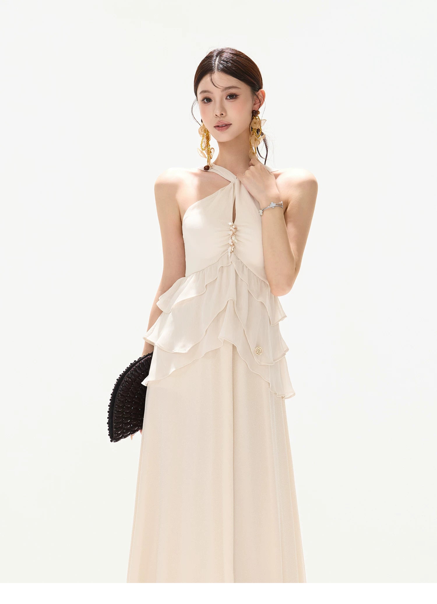 Flowing Halter Rhinestone Chiffon Long Dress