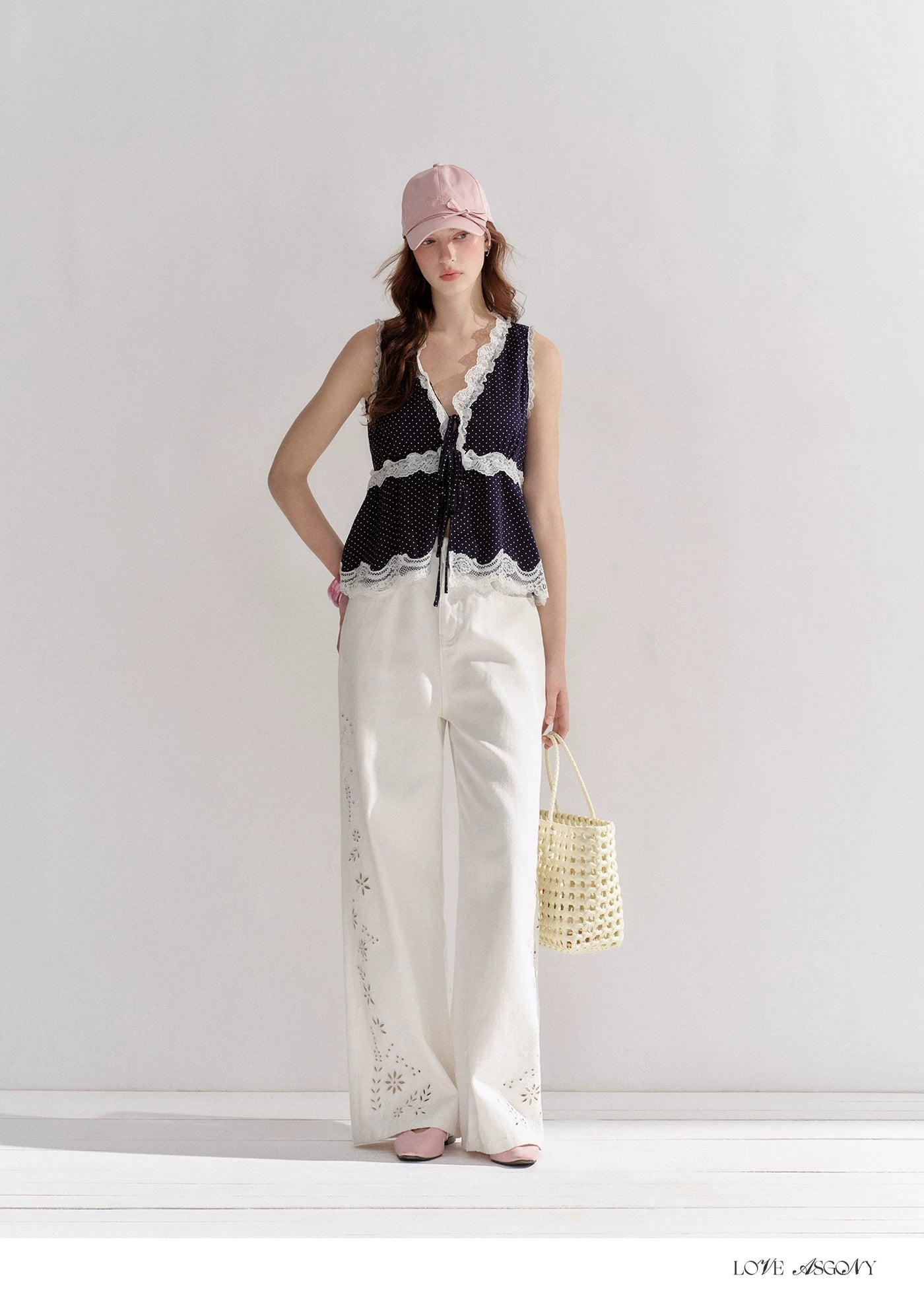 V-Neck Lace Polka Dot Waist-Defined Sleeveless Top