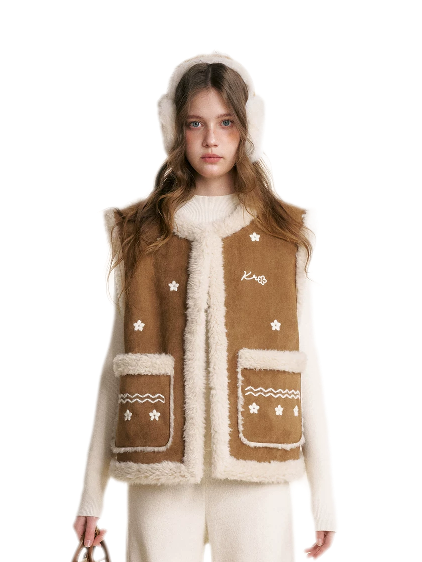 Shearling Floral Embroidered Vest