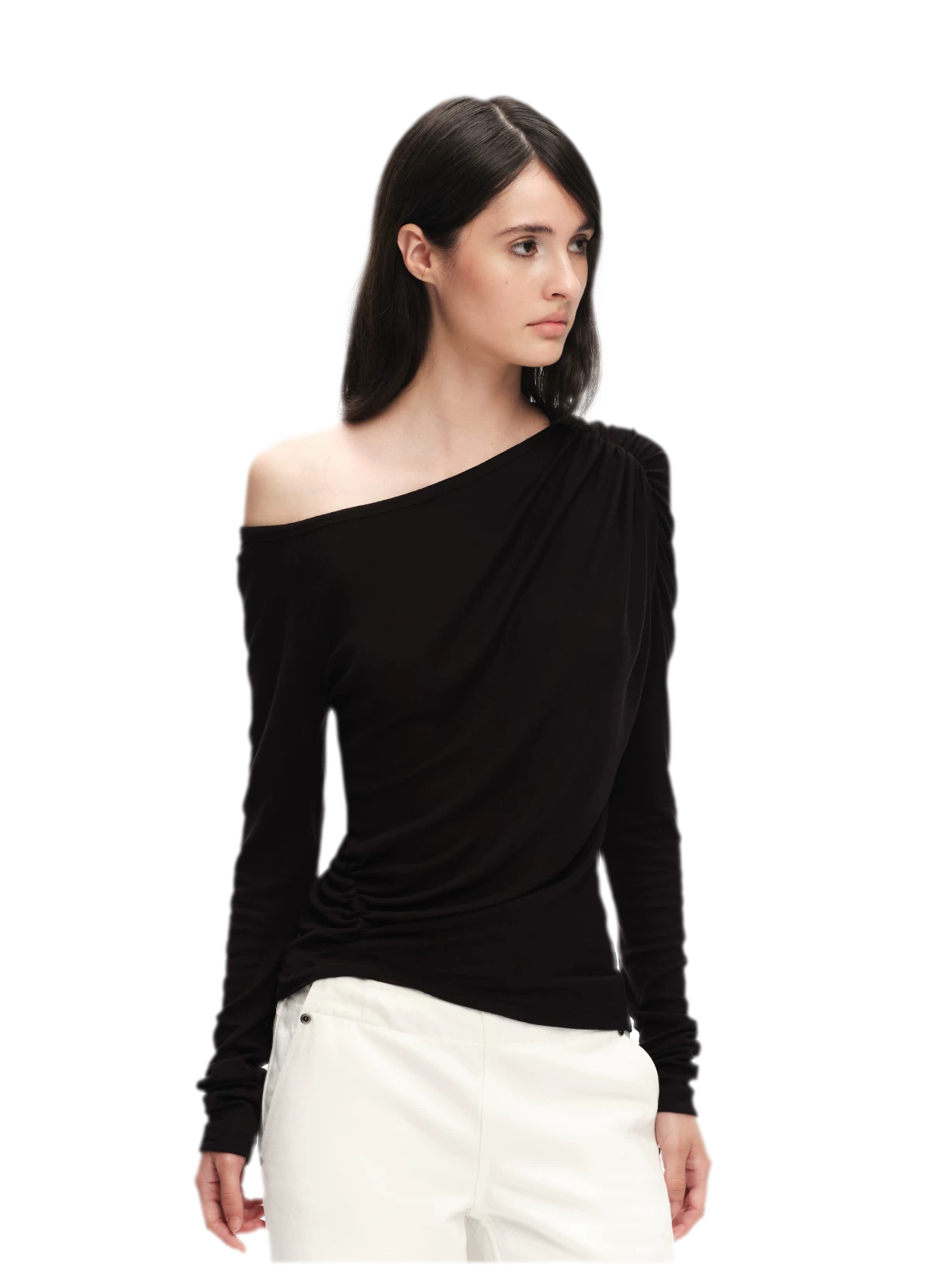Wool Lyocell Ruched Shoulder Top