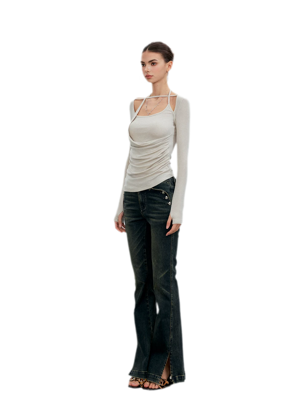Washed Slit Flare Jeans