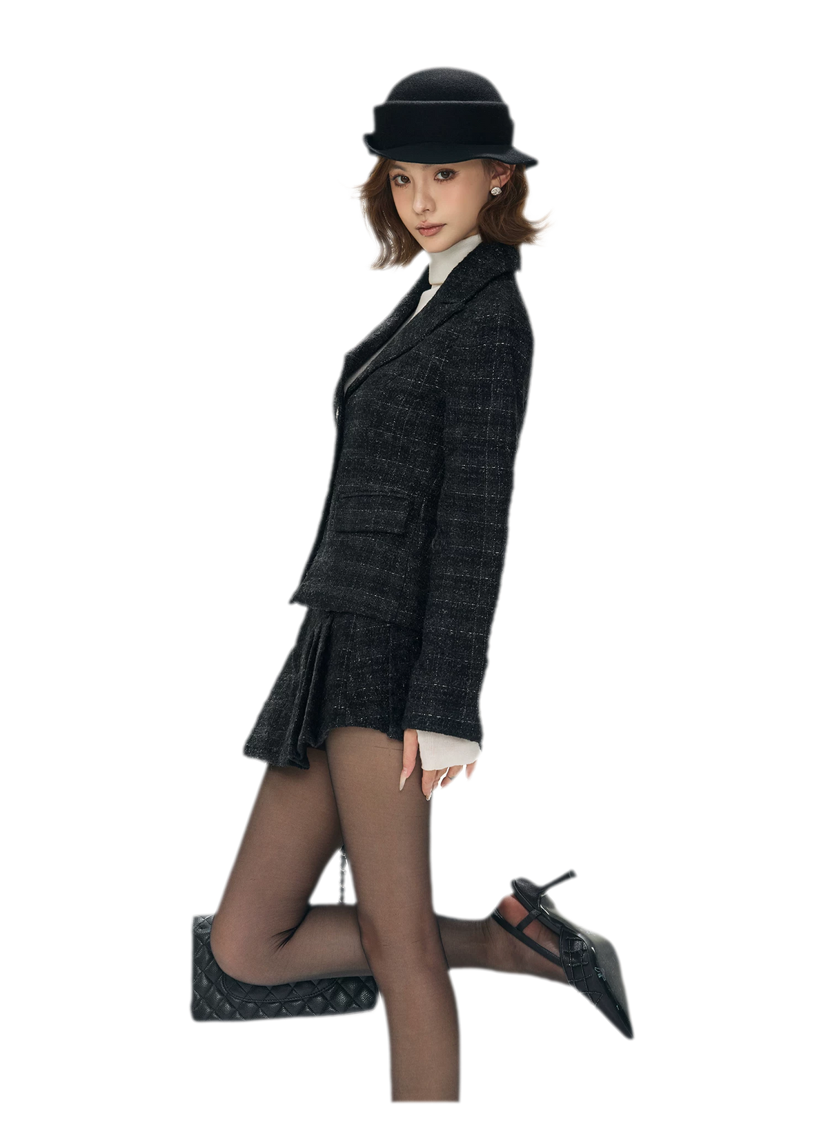 Tweed Jacket Pleated Skirt Set
