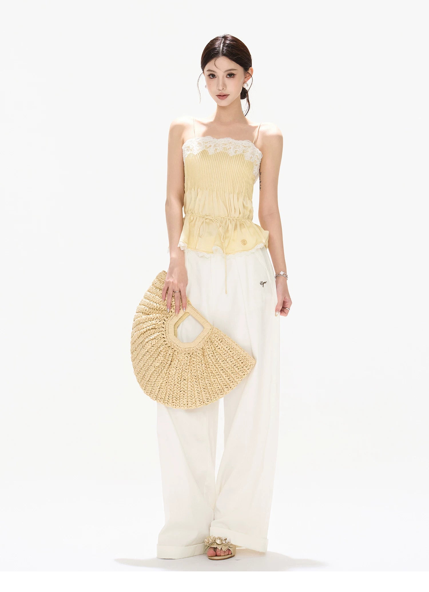 South France Holiday Lace Trim Waist-Cinched Camisole