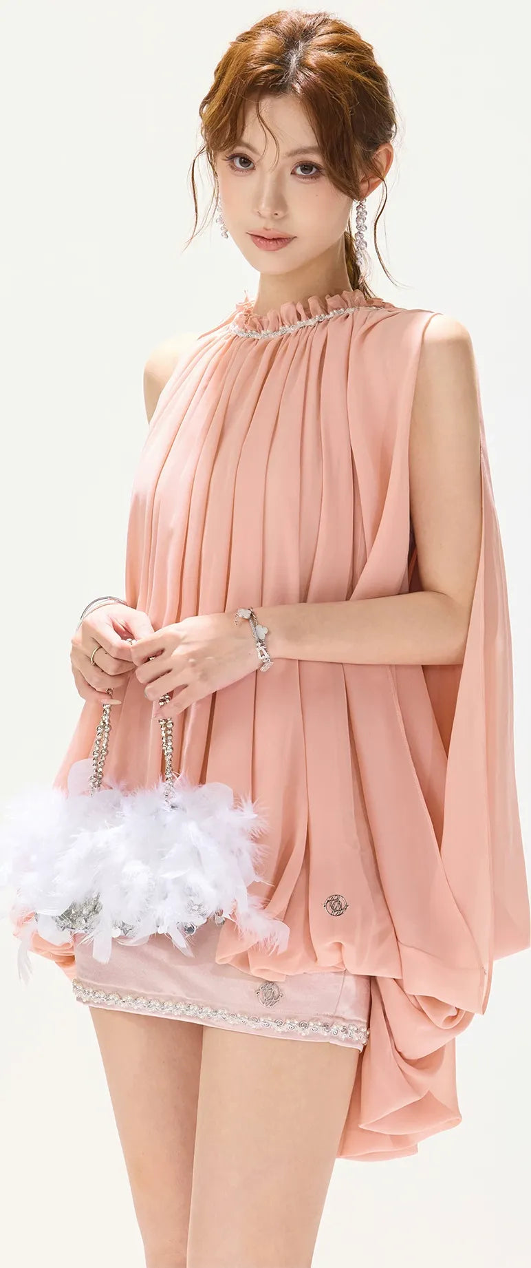 Pleated Rhinestone Mini Skirt