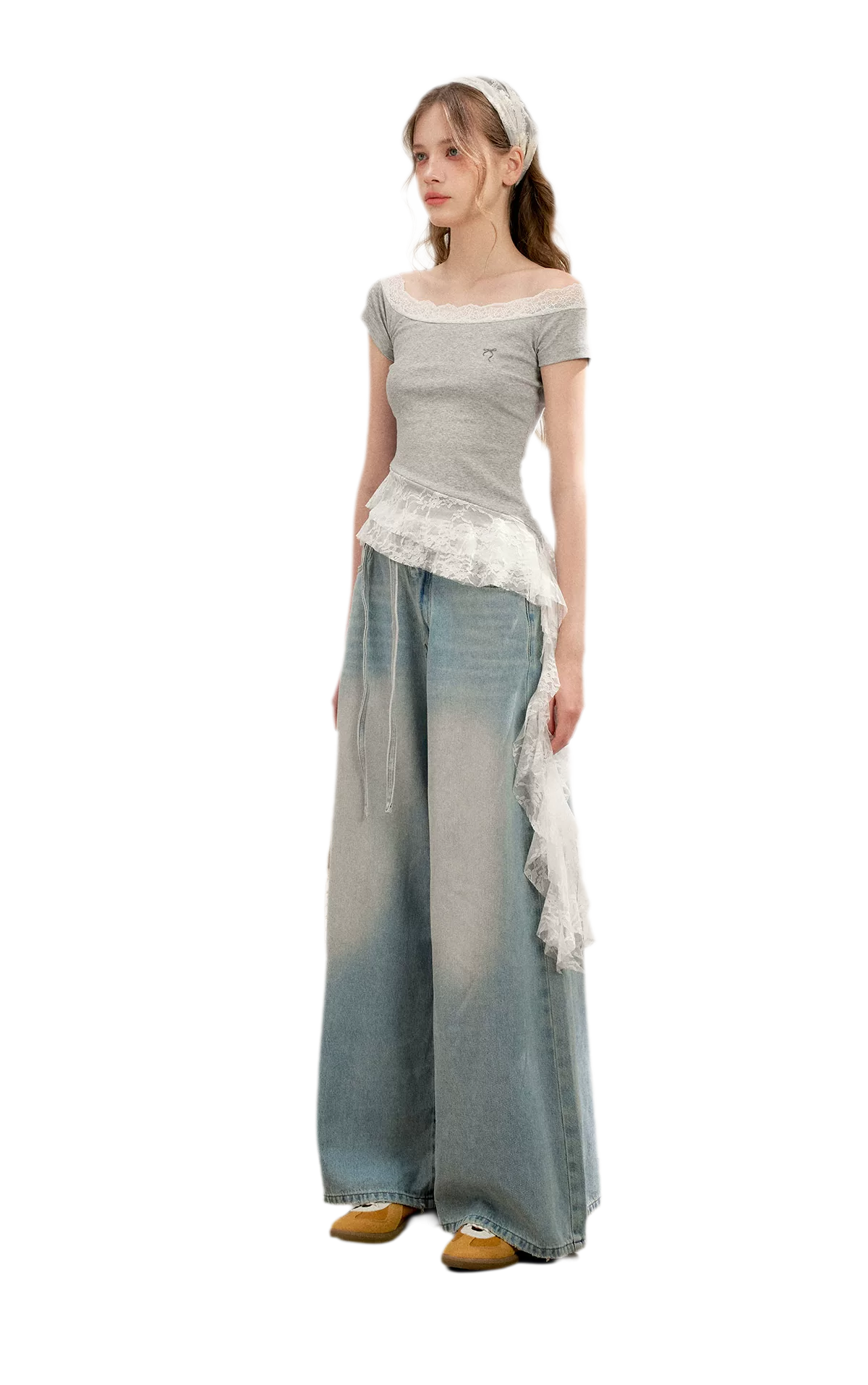 Asymmetric Lace Off-Shoulder T-Shirt