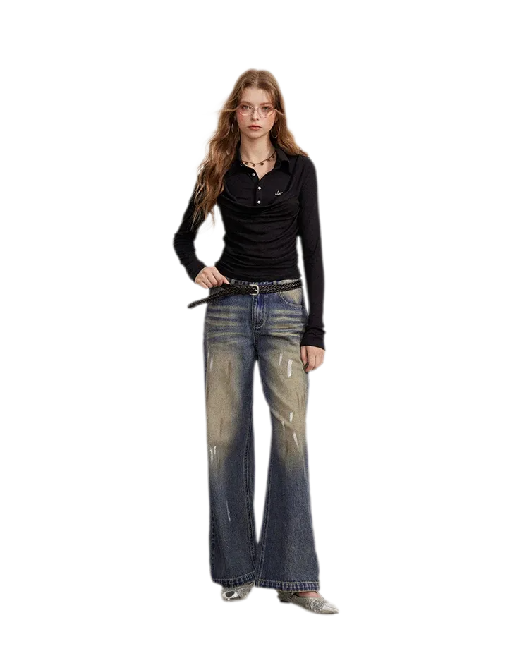 Washed Paint-Splatter Wide-Leg Jeans