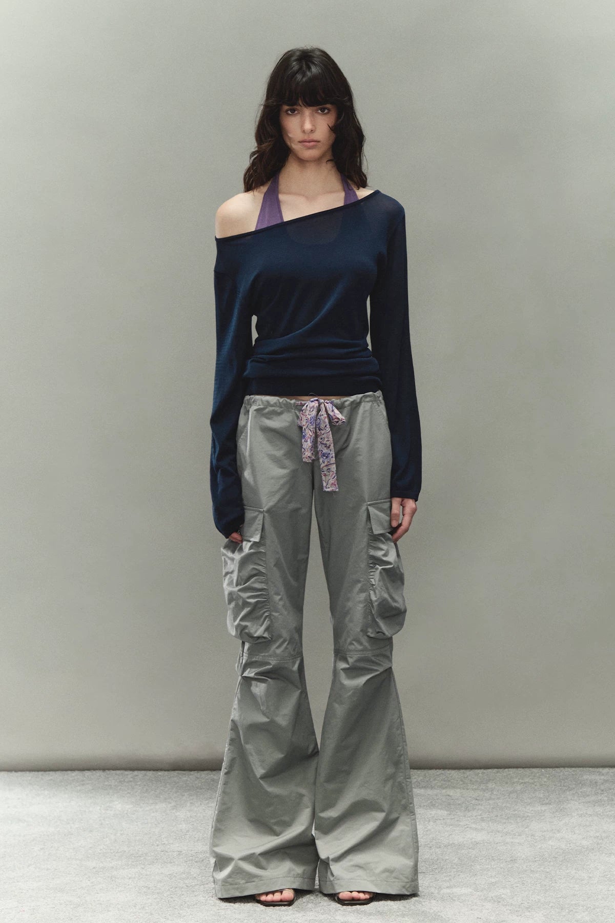 Printed Waistband Drawstring Multi-Pocket Low-Waist Cargo Pants