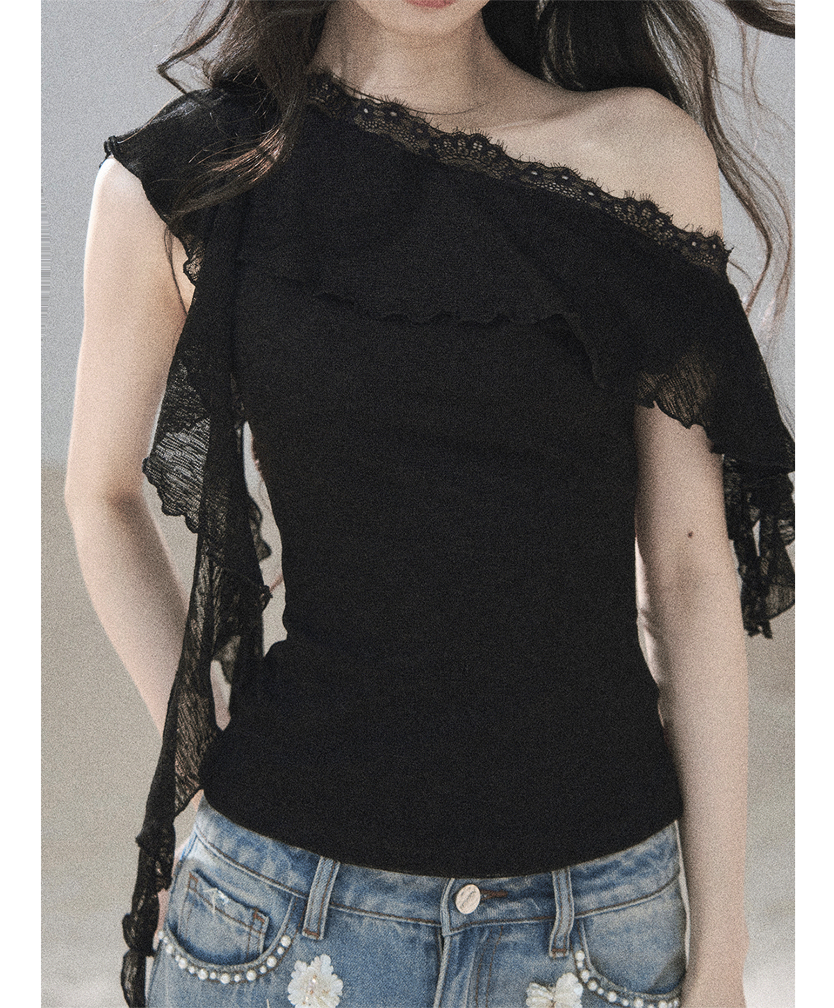Lace One-Shoulder Crop Tee