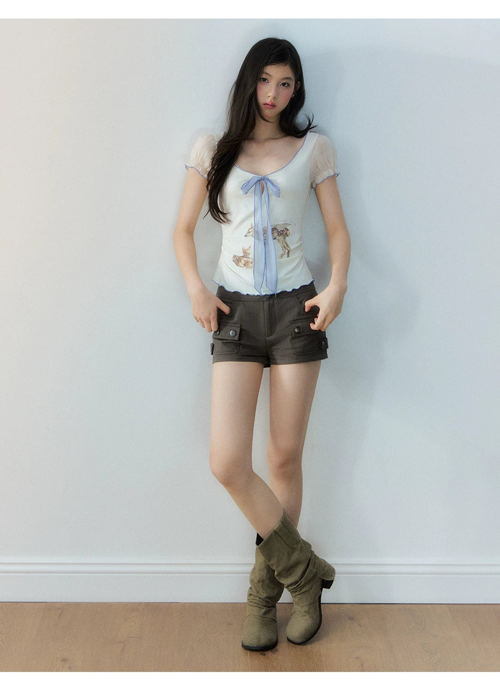 Korean Lyocell Deer Print Ribbon T-Shirt