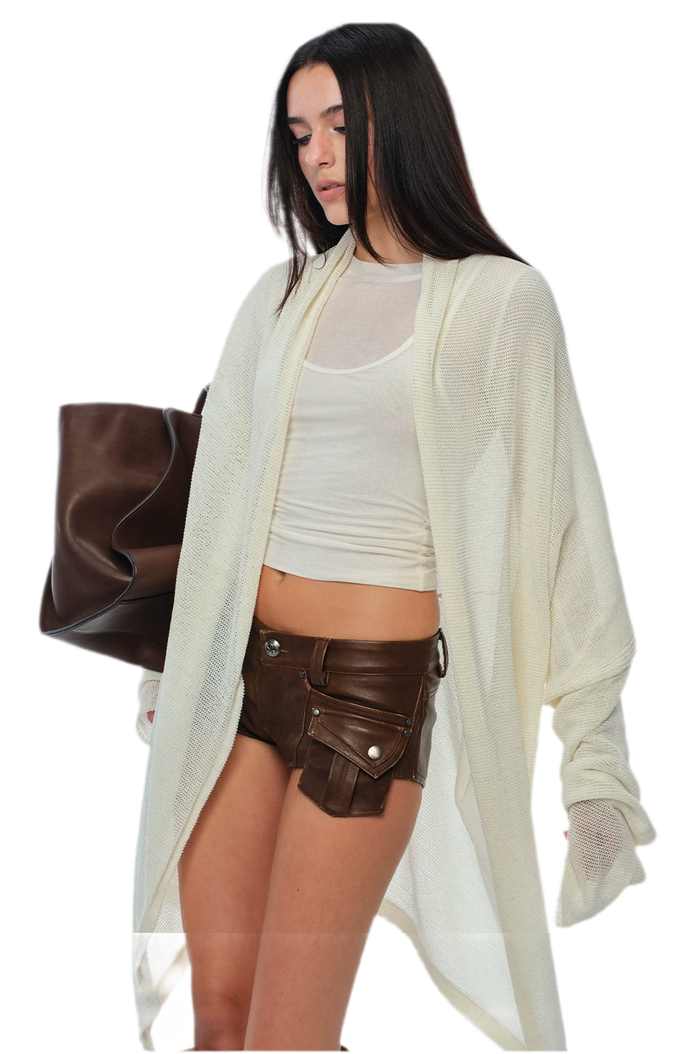 Áo cardigan dài đan lỗ xuyên thấu
