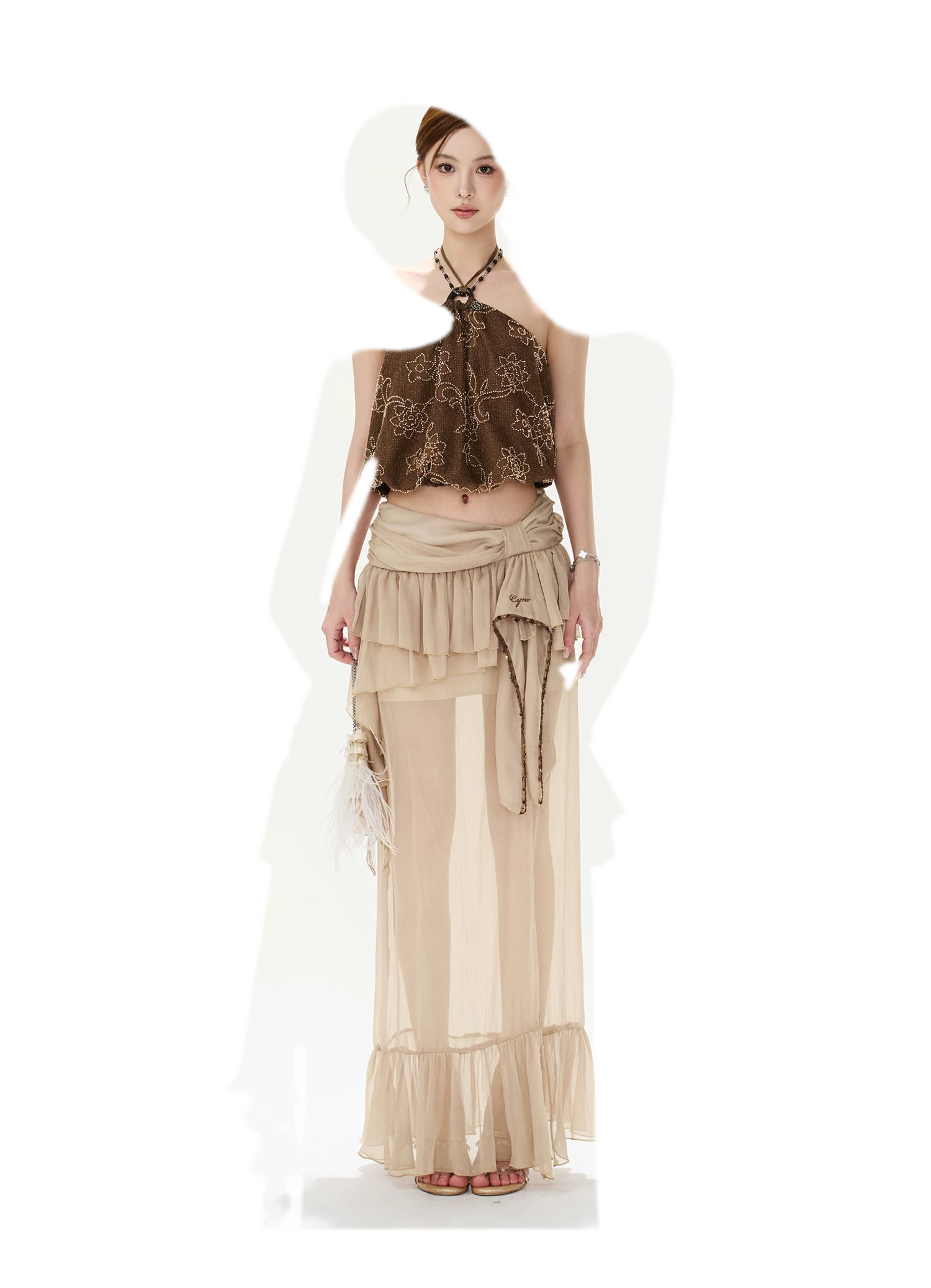 CYNR Sheer Ruffle High-Slit Skirt – view 15