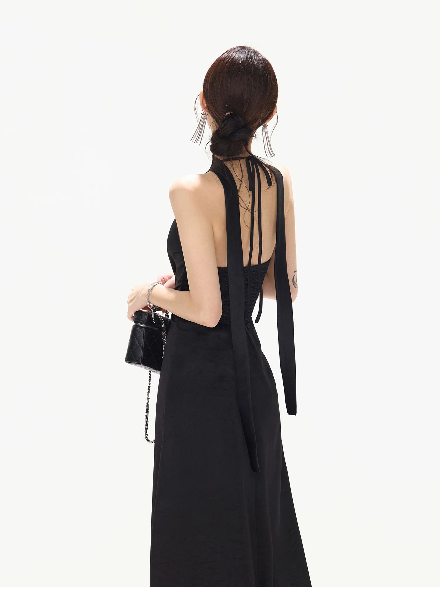 Mesh Lace Deep V Halter Dress with Satin